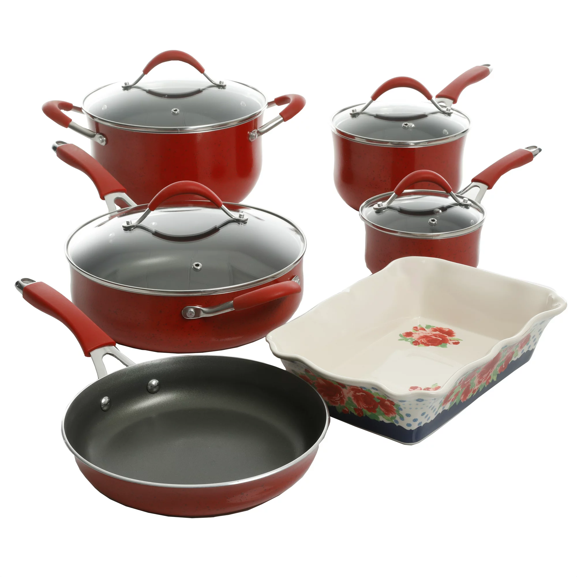 The Pioneer Woman Frontier Speckle 10-Piece Aluminum Nonstick Cookware Set. Red