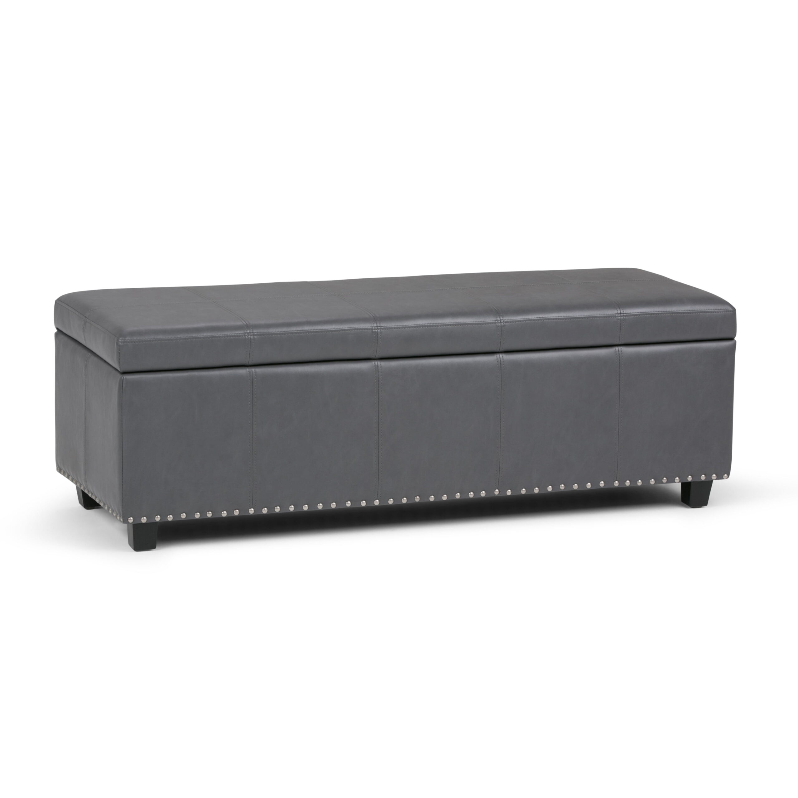 Simpli Home Kingsley 48 inch Wide Transitional Rectangle Large Storage Ottoman in Stone Grey Faux Leather
