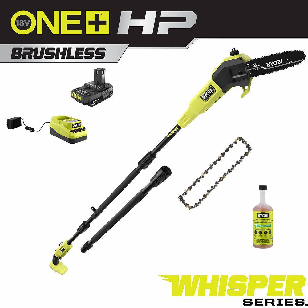 RYOBI P2580-CMB1 ONE+ HP 18V Brushless Whisper Series 8 in. Cordless Pole Saw with Extra Chain. Bar and Chain Oil. Battery. and Charger