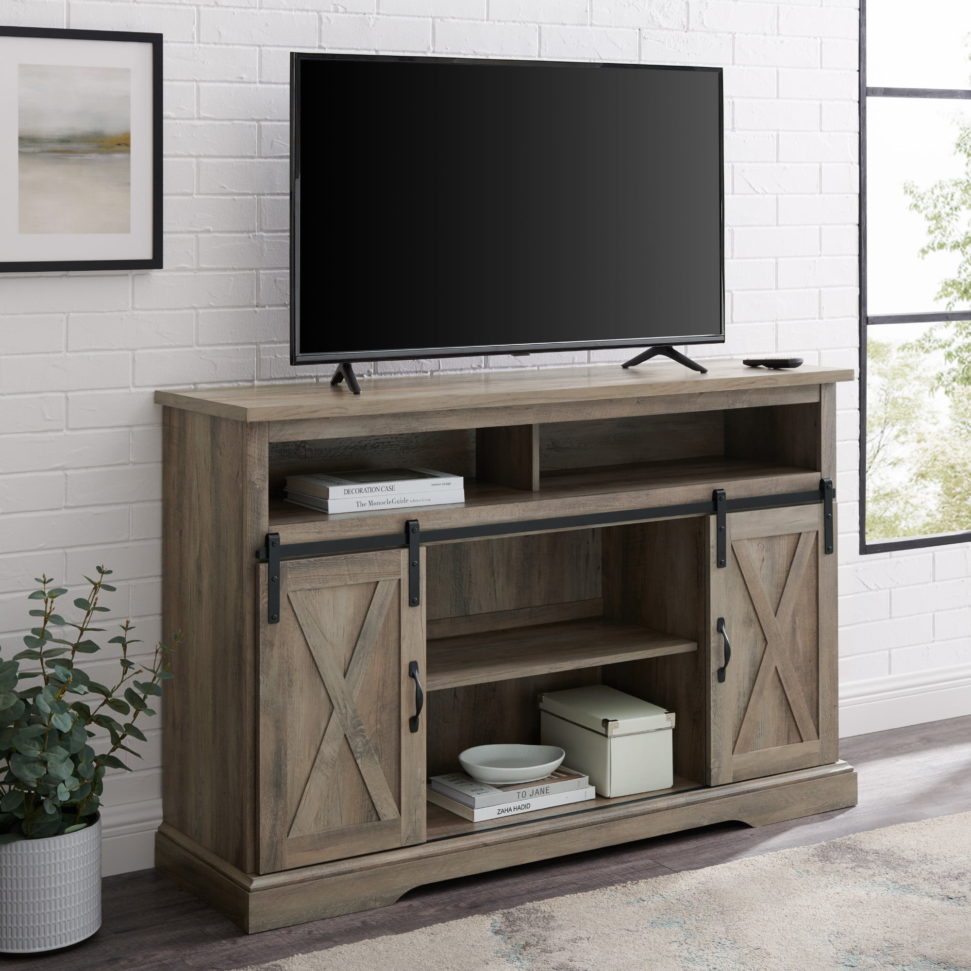 Woven Paths Farmhouse Barn Door TV Stand for TVs up to 58″. Grey Wash