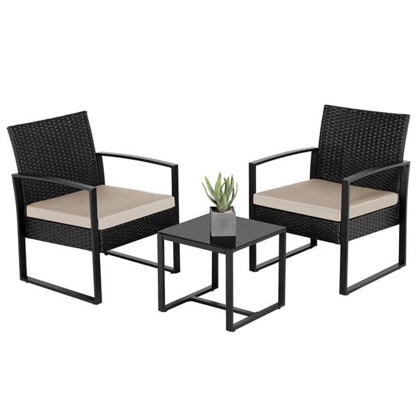 Easyfashion 3-Piece Bistro Set with Rattan Chairs for Outdoor. Beige Cushions