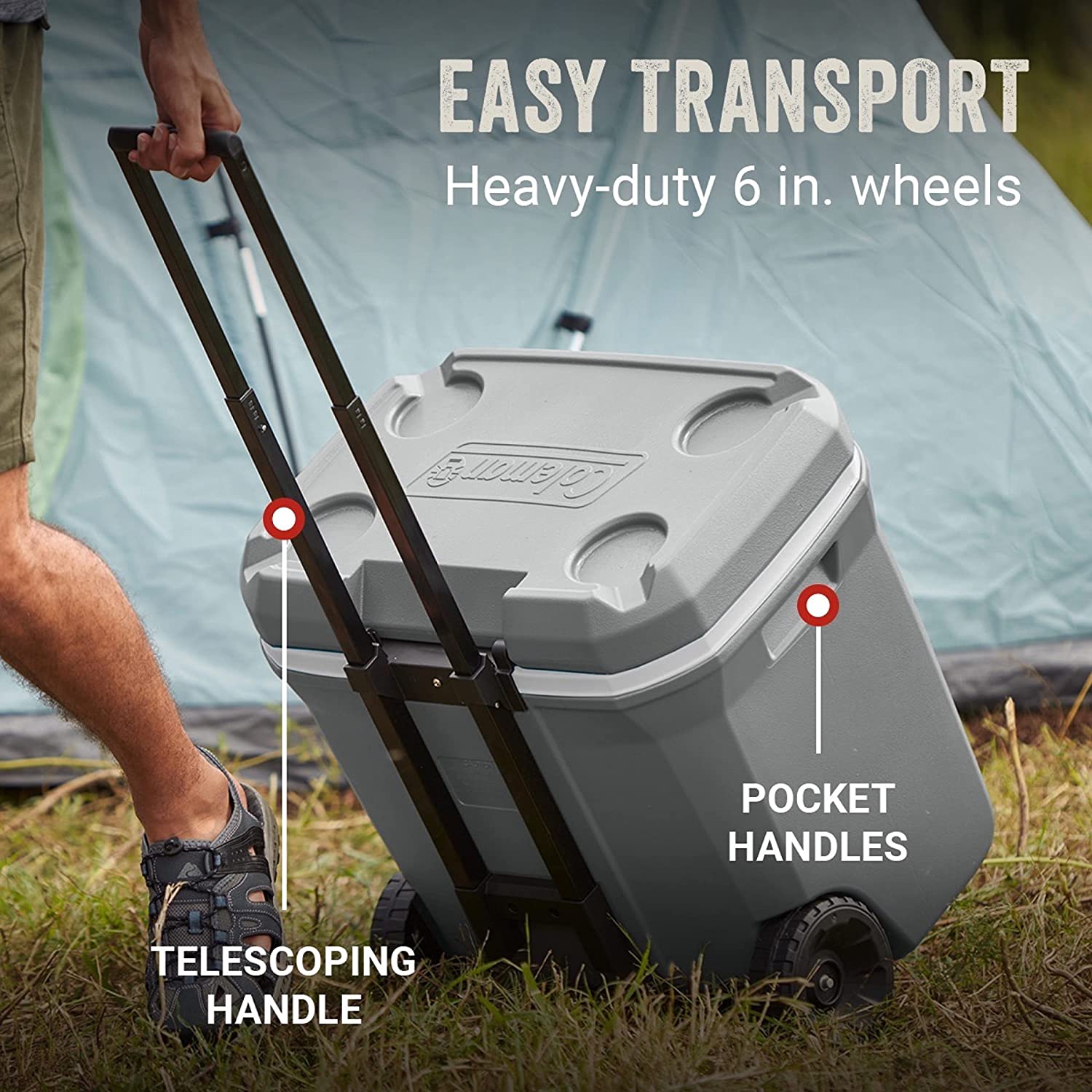 Coleman 316 Series Insulated Portable Cooler with Heavy Duty Wheels. Leak-Proof Wheeled Cooler with 100+ Can Capacity. Keeps Ice for up to 5 Days. 65qt. Rock Grey