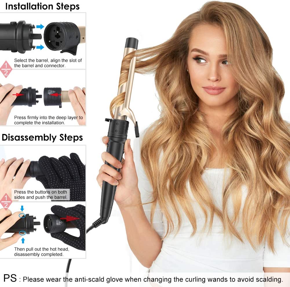 Duomishu 6 in 1 Curling Wand Set with 6 Interchangeable Ceramic Barrels with Anti-scalding Tip (0.35” to 1.25”) and Heat Resistant Glove. Hair Curler for Girls Women Gifts