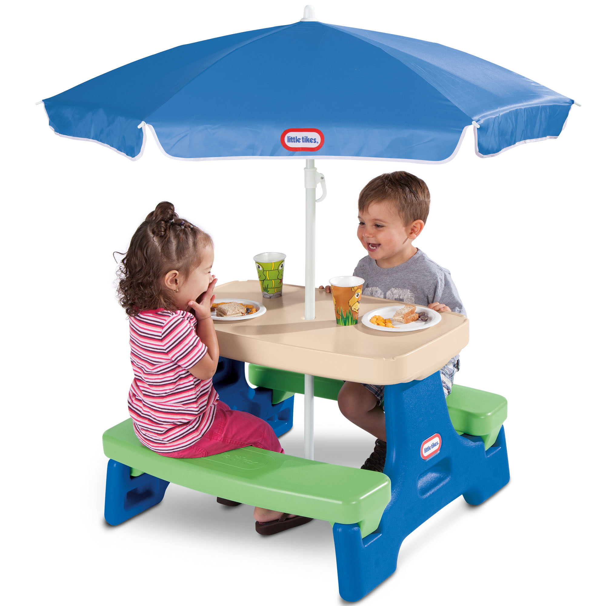 Little Tikes Easy Store Jr. Picnic Table with Umbrella. Blue & Green - Play Table with Umbrella. for Kids
