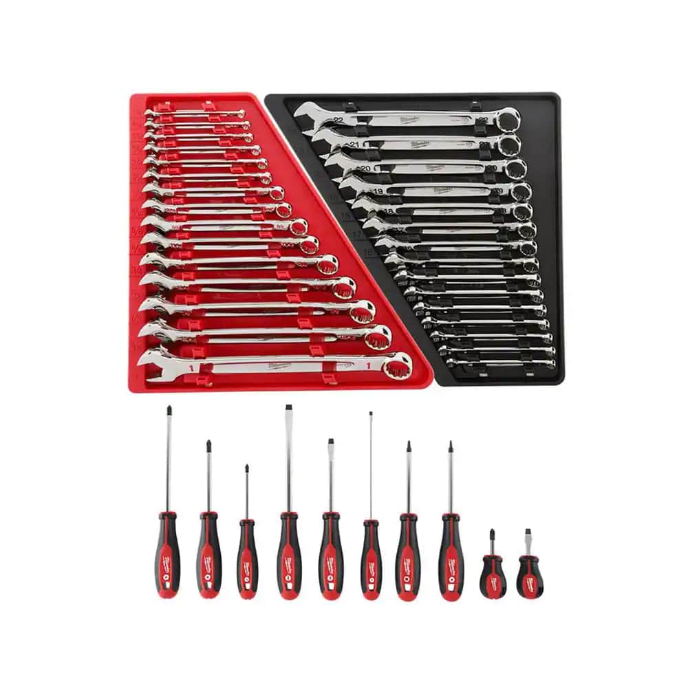 Milwaukee 48-22-9515 48-22-9415 Combination SAE and 48-22-2710 Metric Wrench Mechanics Tool Set with Screwdriver Set (40-Piece)
