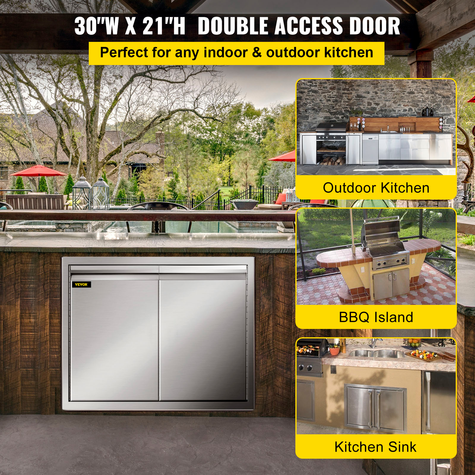 VEVOR Double Access Door. 30”Wx21”H Outdoor Kitchen Door. Double Wall Stainless Steel Outdoor Cabinets with Hooks