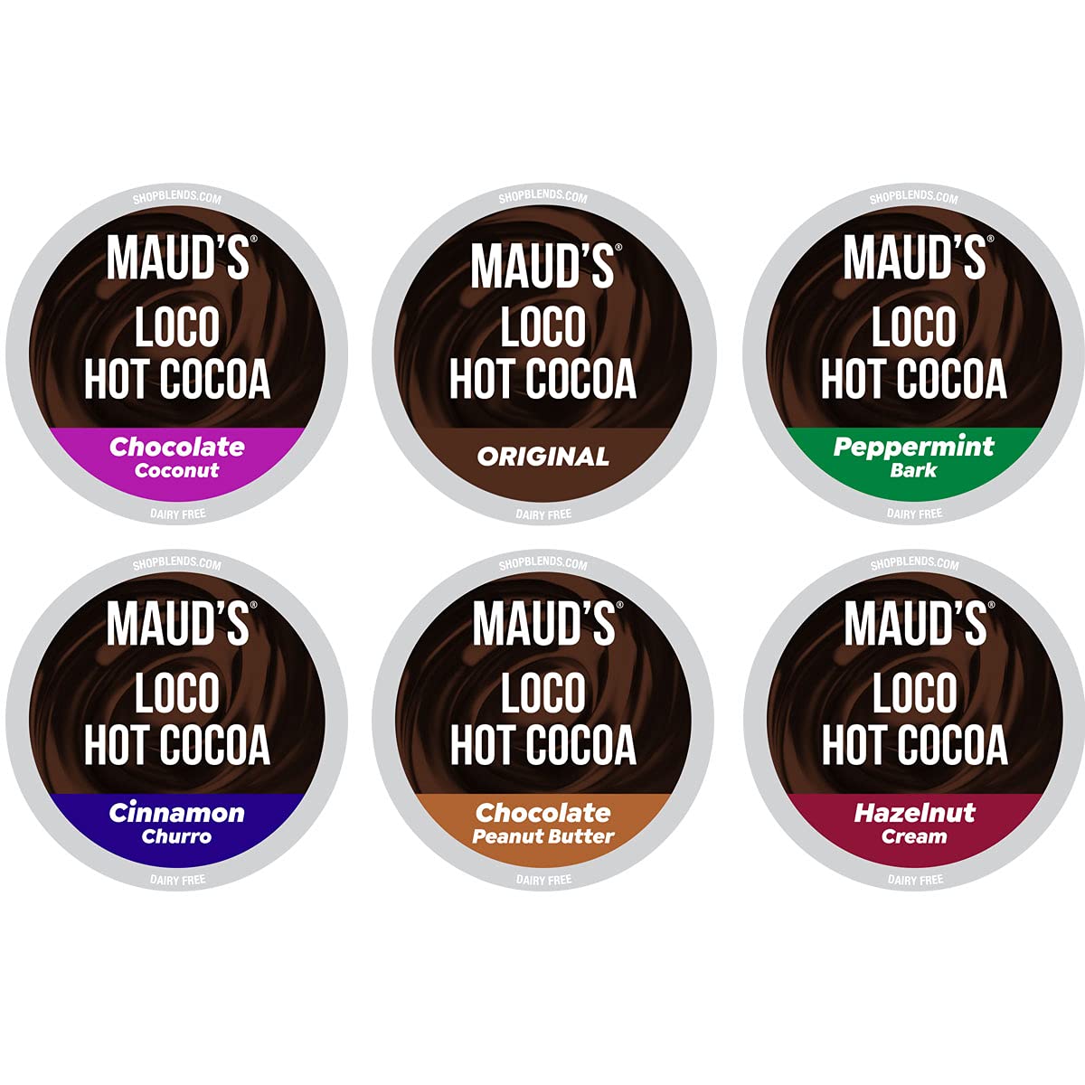 Maud-s Flavored Hot Chocolate Variety Pack. 48ct. Solar Energy Produced Recyclable Single Serve Gluten & Dairy Free Flavored Hot Cocoa Pods. 100% California Blended Hot Cocoa Variety. KCup Compatible