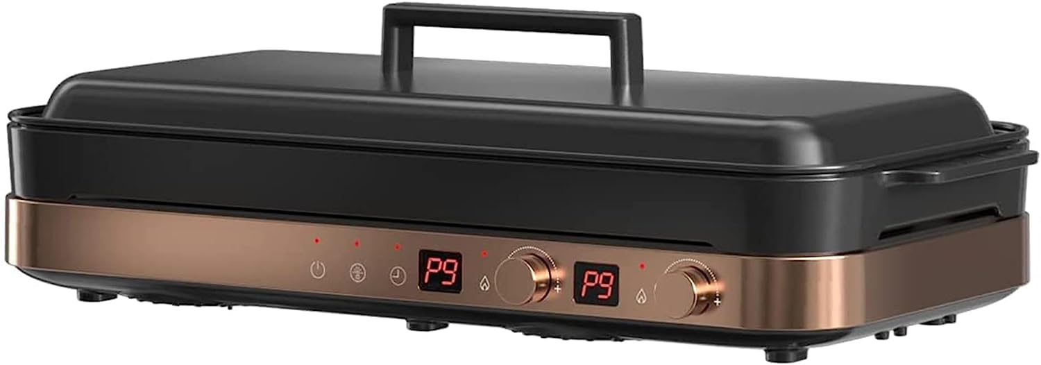 COOKTRON Portable Compact 2 Burner Induction Cooktop Electric Stove w/Smokeless Cast Iron Griddle Grill & Temperature Control & Child Lock. Rose Gold