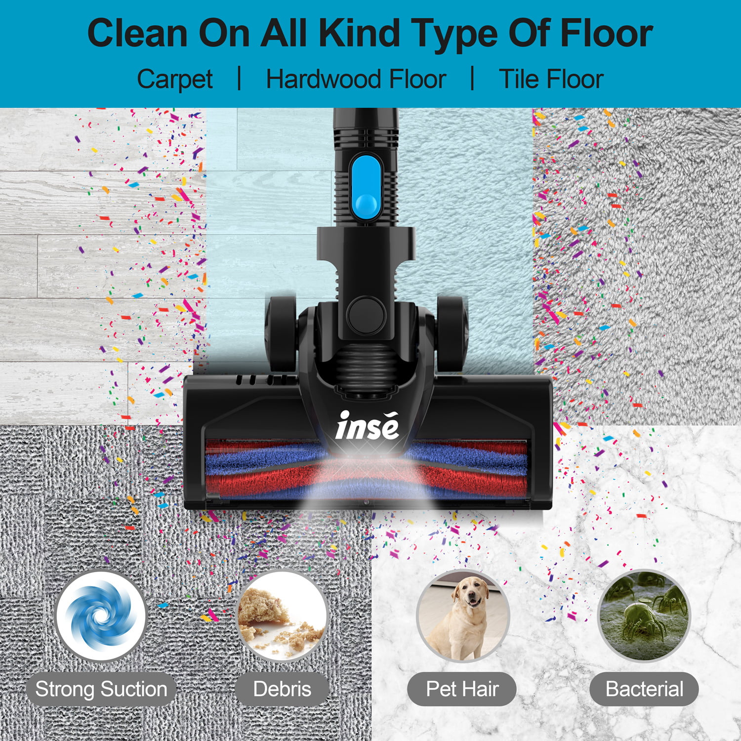 INSE Cordless Vacuum Cleaner. 6-in-1 Rechargeable Stick Vacuum with 2200 mAh Battery. 20kPa Powerful Lightweight Vacuum Cleaner up to 45 Mins Runtime. for Home Hard Floor Carpet Pet Hair. Blue