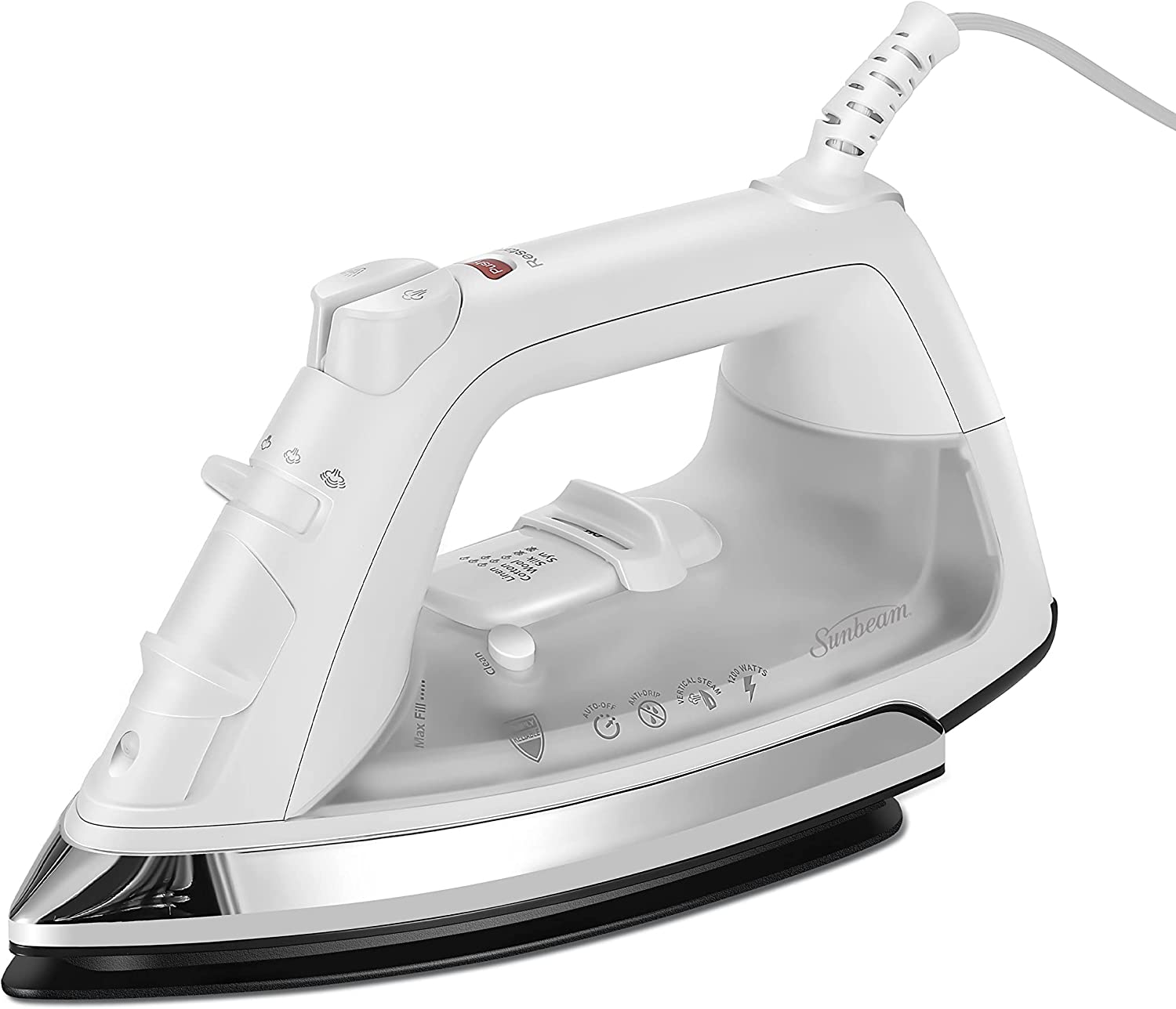 Sunbeam. White. GCSBC Classic 1200 Watt Mid-size Anti-Drip Non-Stick Soleplate Iron Steam/Vertical Shot feature and 8′ 360-degree Swivel Cord. Clear. GCSBCL-317-000