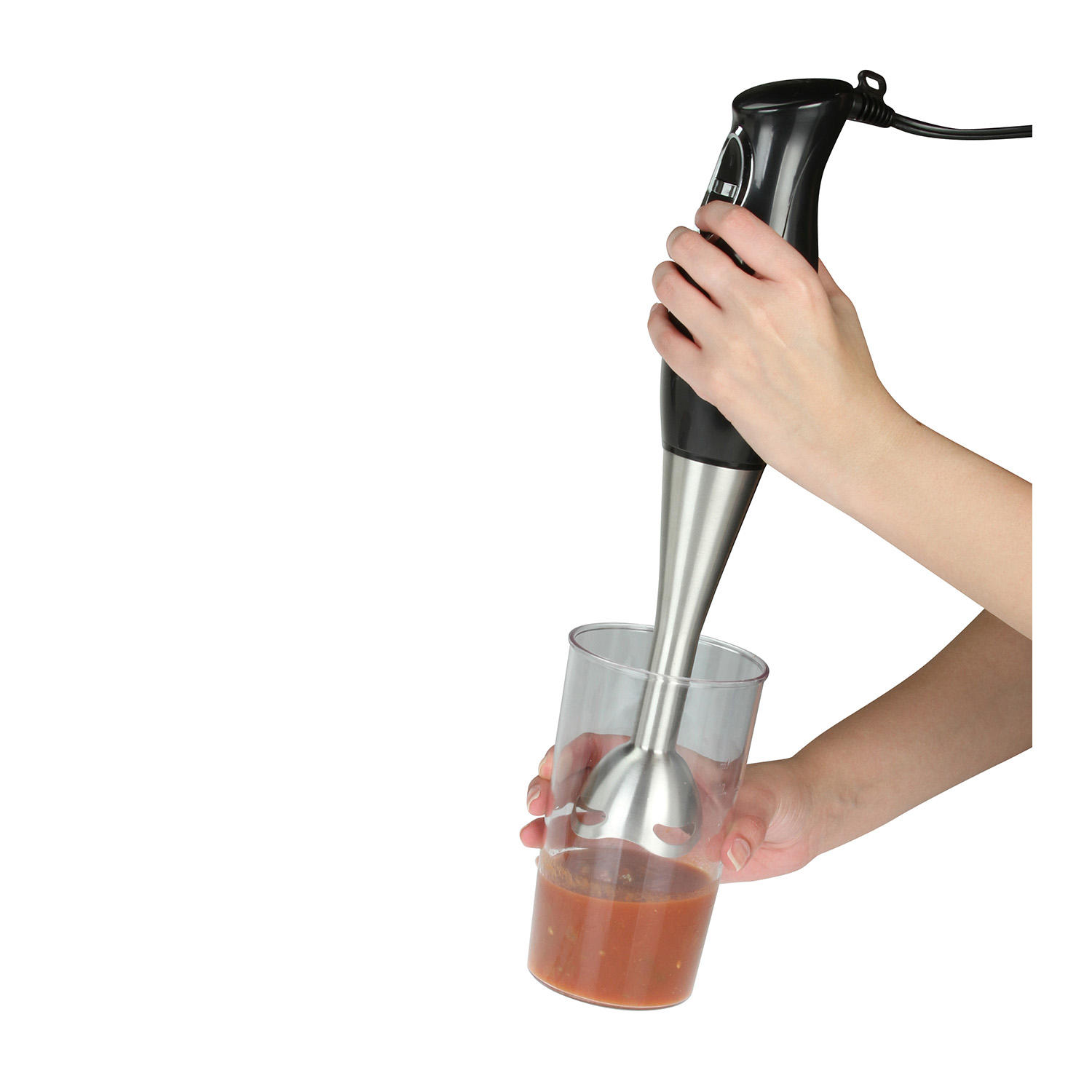 Kalorik Electronic Stick Mixer Dual Speed Control Settings. Stainless Steel Shaft and Blade .200 Watt Motor for Easy Mixing. 30 Fluid Ounce Mixing Cup