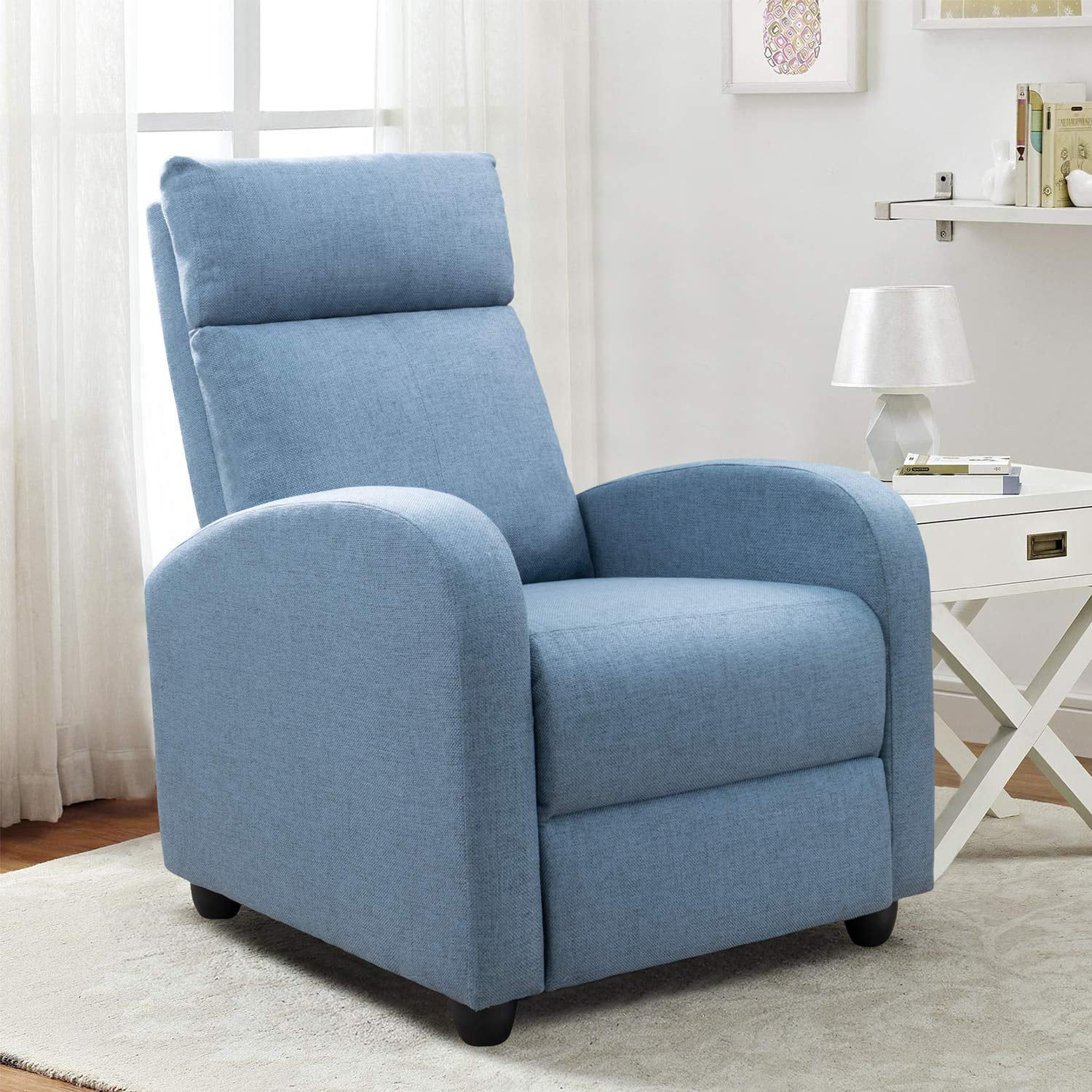 Lacoo Single Recliner. Padded Back Recliner for Living Room. Fabric. Blue