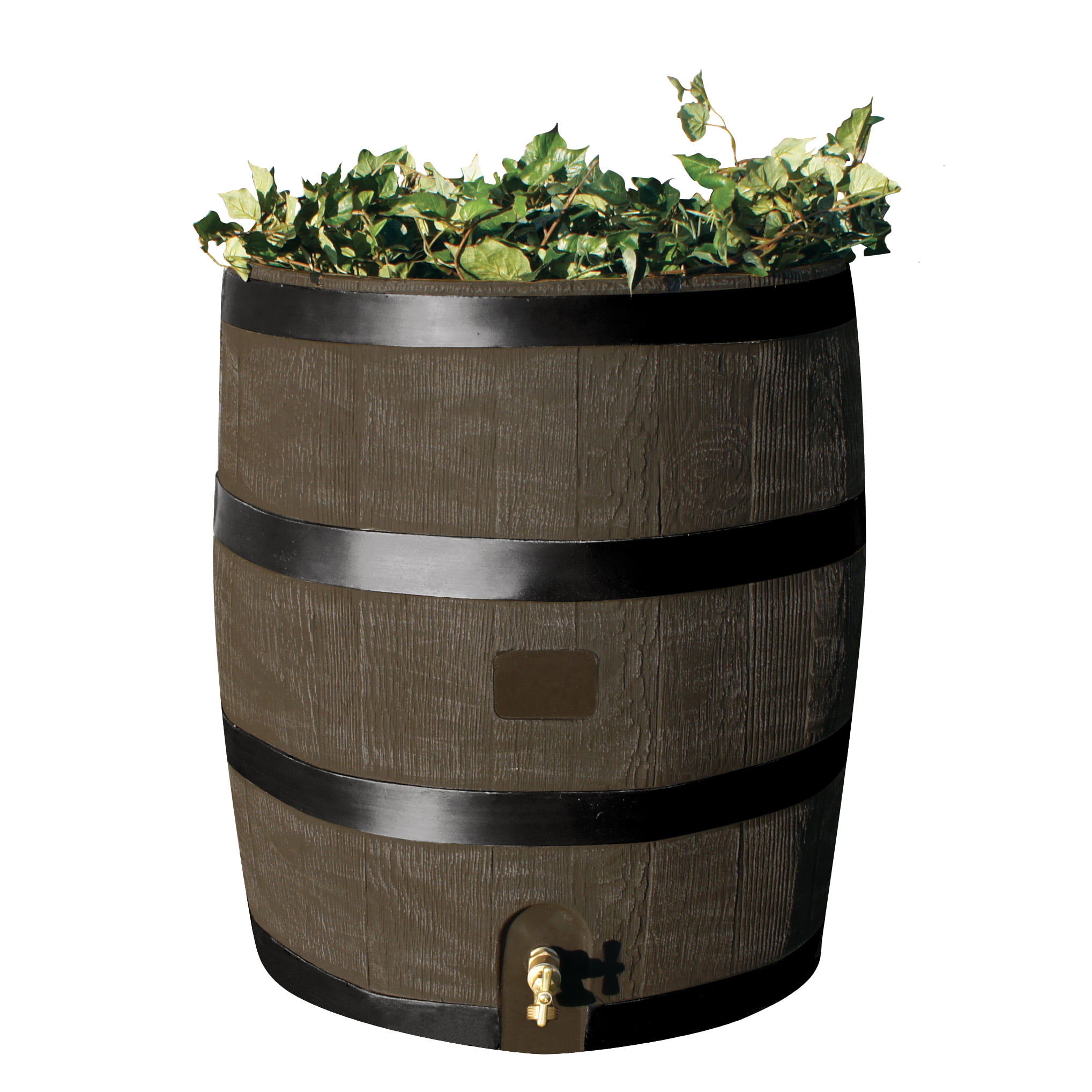 RTS Home Accents Polyethylene 35 Gallon Round Rain Barrel with Planter. Woodgrain with Black Stripes Color
