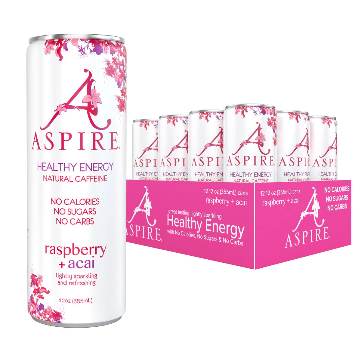 Aspire Healthy Energy. Raspberry Acai. Sugar Free Energy Drink.12 oz Cans. 80 mg of Natural Caffeine. Zero Sugar. Coffee Substitute. Vitamins B & C. Keto. Vegan. and Kosher Friendly (Pack of 12)