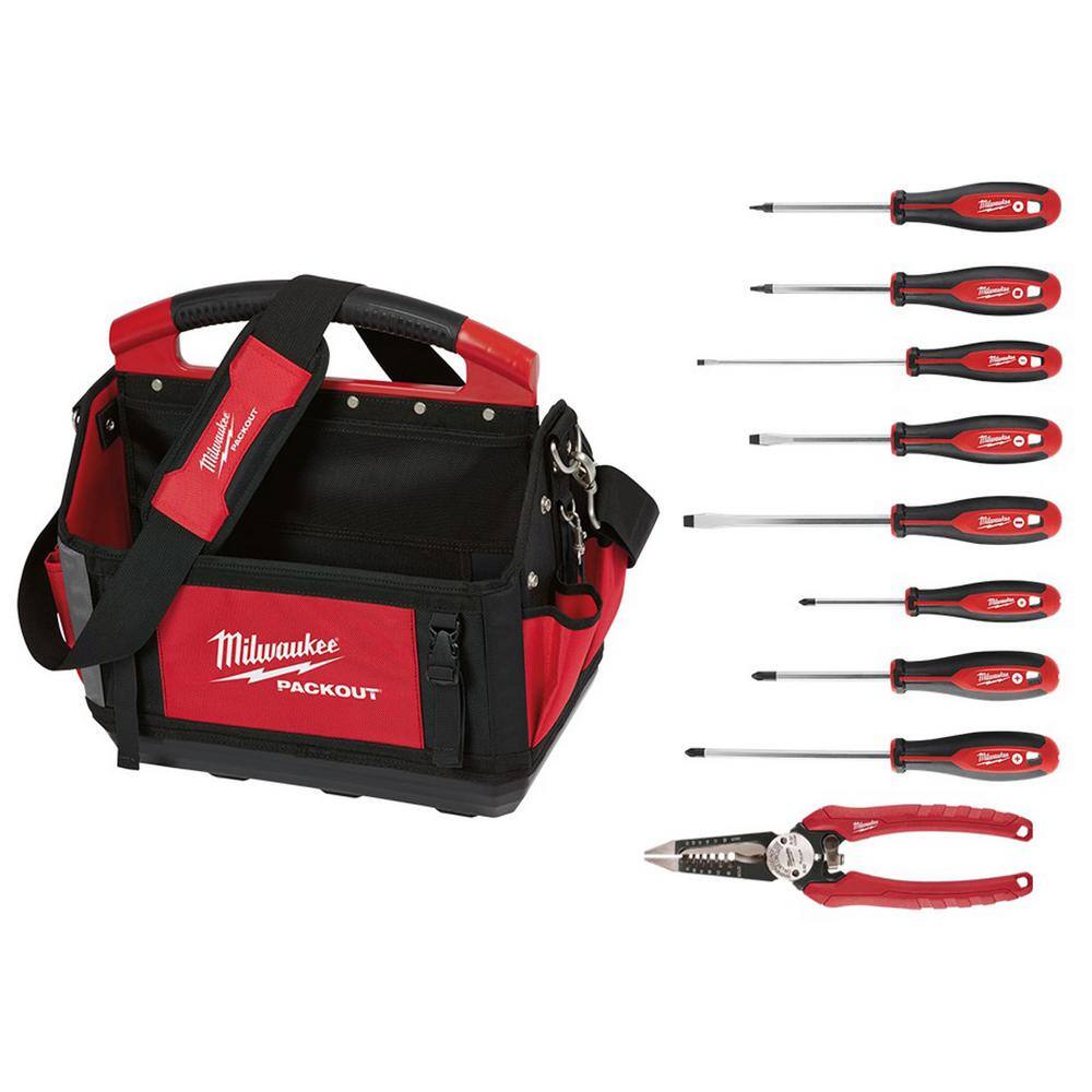 Milwaukee 48-22-8315-48-22-2718-48-22-3079 15 in. PACKOUT Tote with 6-in-1 Wire Strippers Pliers and Screwdriver Set (10-Piece)