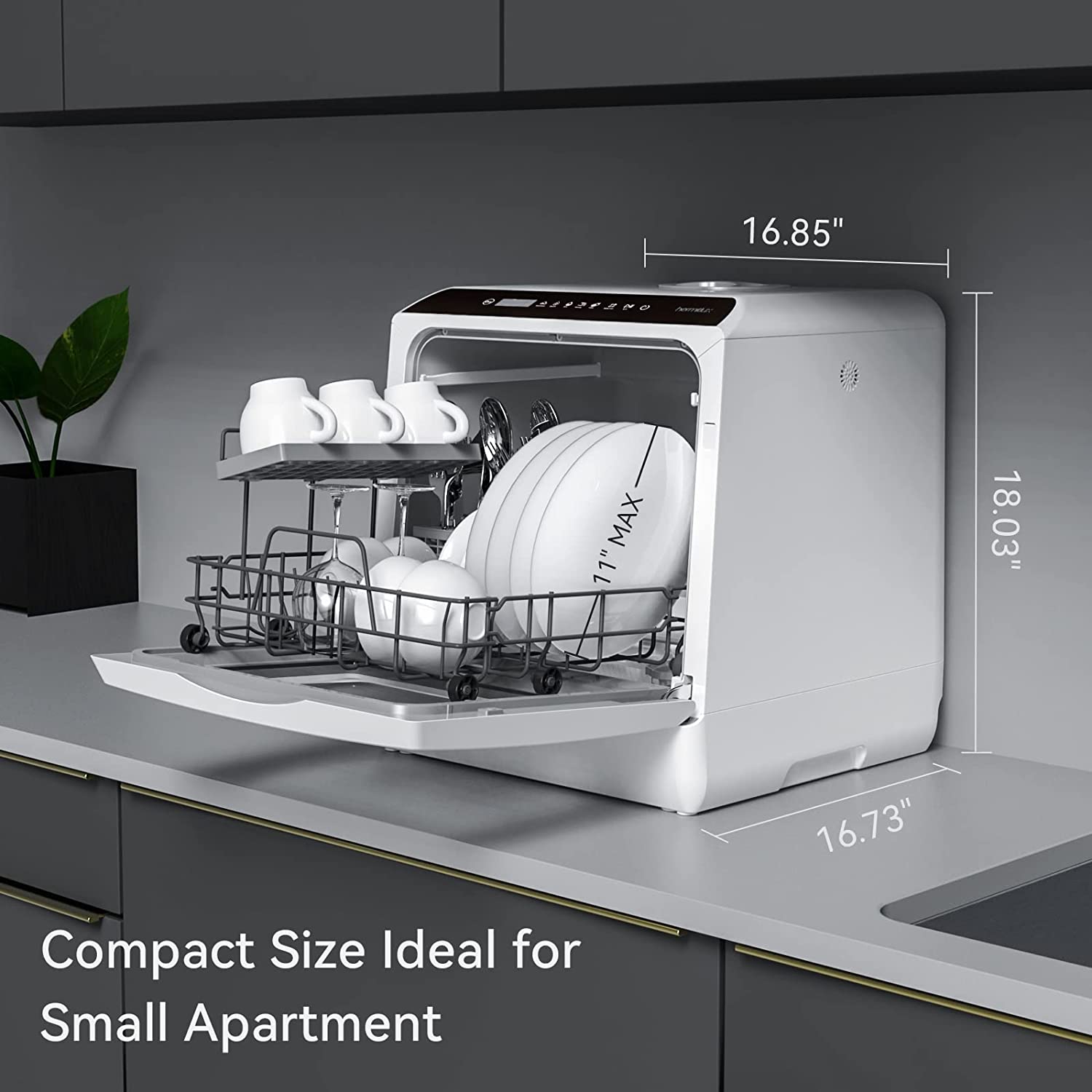 Hermitlux Countertop Dishwasher. 5 Washing Programs Portable Dishwasher With 5-Liter Built-in Water Tank For Glass Door