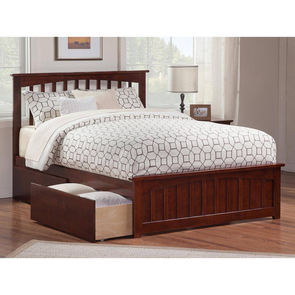AFI  Mission Walnut Queen Solid Wood Storage Platform Bed with Matching Foot Board with 2 Bed Drawers