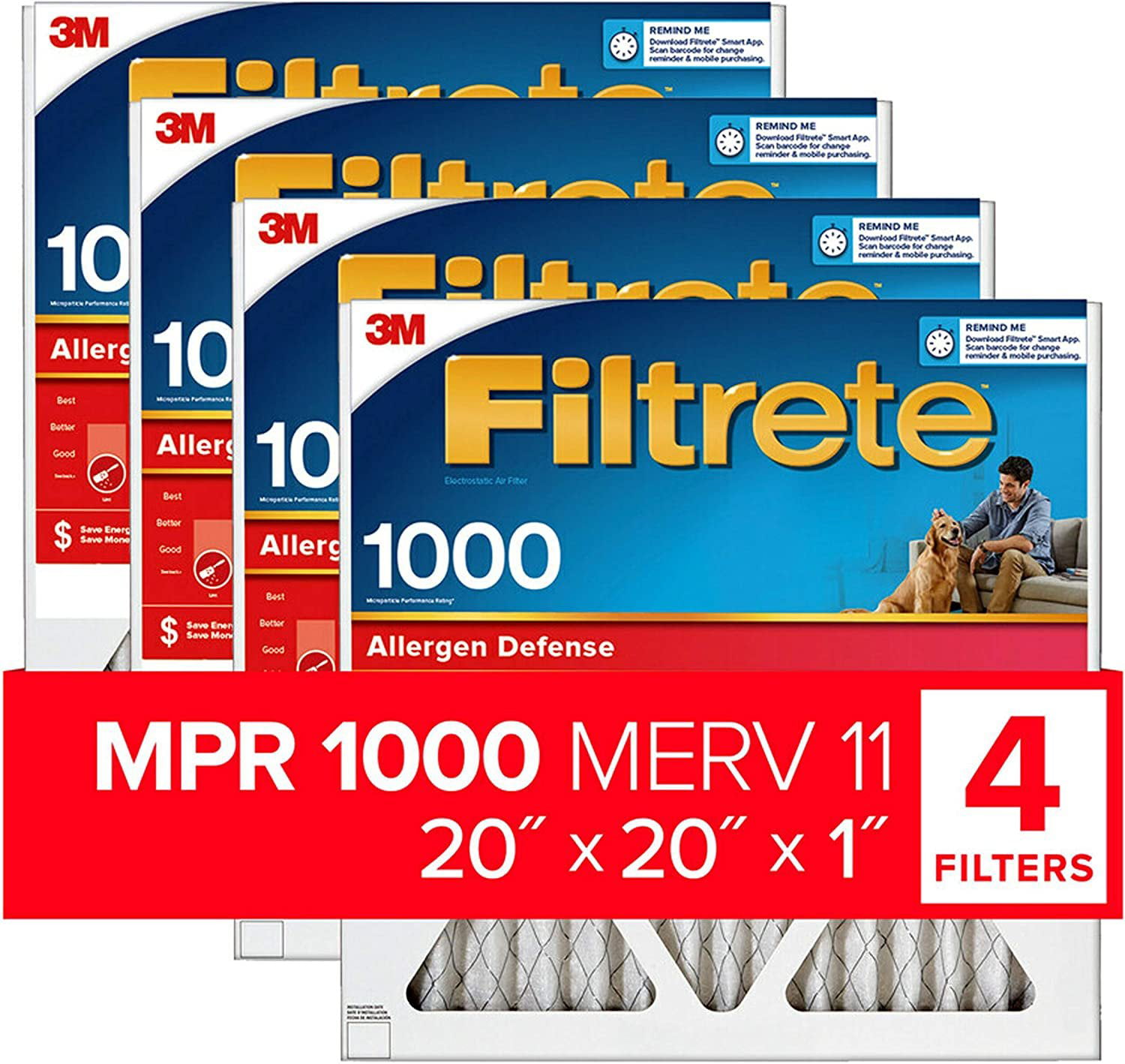 Filtrete 20x20x1. AC Furnace Air Filter. MPR 1000. Micro Allergen Defense. 4-Pack exact dimensions 19.69 x 19.69 x 0.81