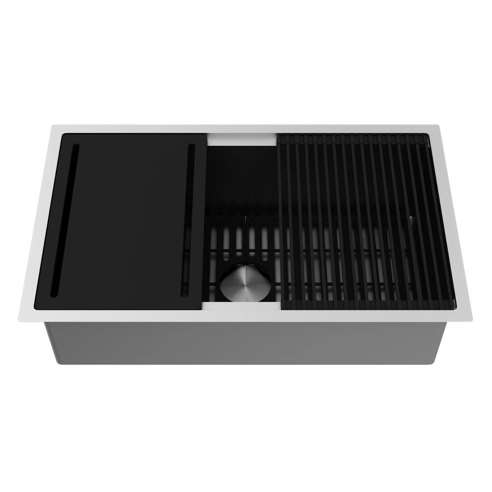 VIGO 1000415743 Mercer Workstation Undermount Stainless Steel 33″ Single Bowl Kitchen Sink with Ledge and Accessories