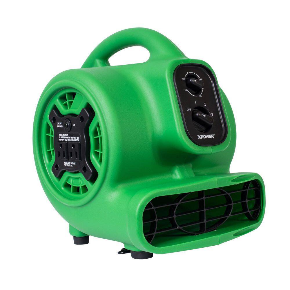 XPOWER P-230AT-Green 925 CFM 3-Speed Multi-Purpose Mini Mighty Air Mover Utility Blower Fan with Power Outlets and Timer in Green