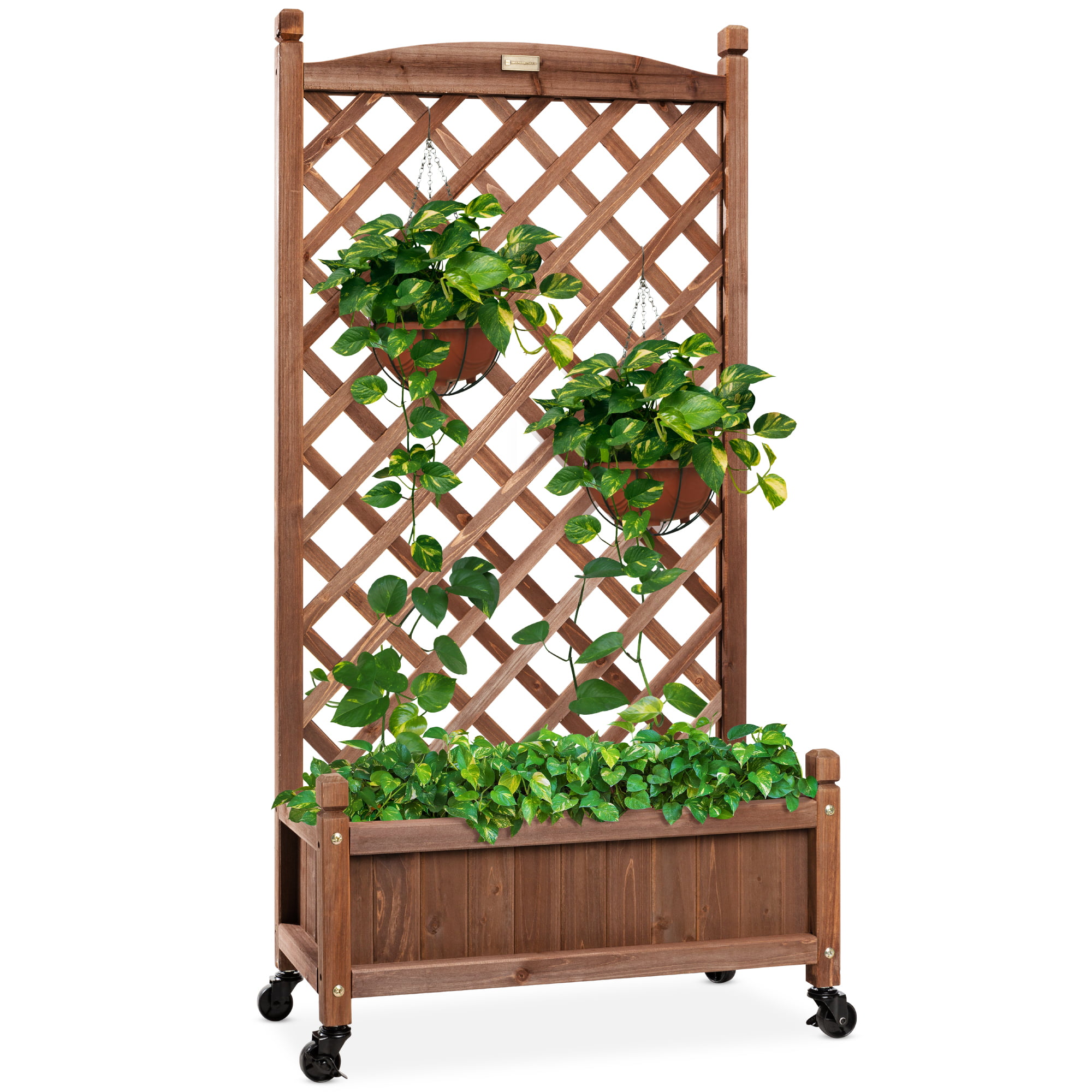 Best Choice Products 48in Mobile Wood Planter Box & Diamond Lattice Trellis. w/ Drainage Holes. Optional Wheels - Walnut