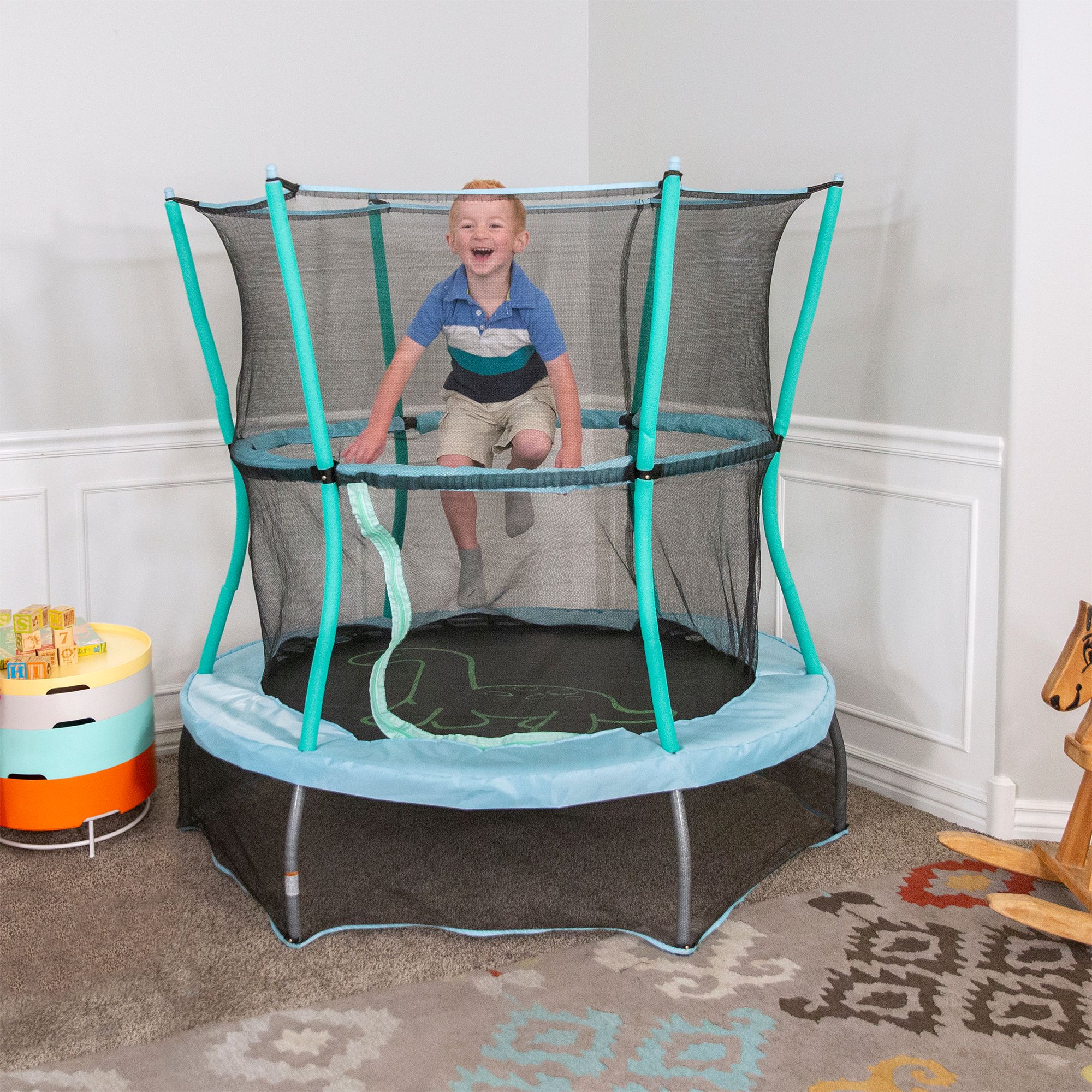 Skywalker Trampolines 55-Inch Bounce-N-Learn Trampoline. with Enclosure and Sound. Stomping Dinosaur Teal