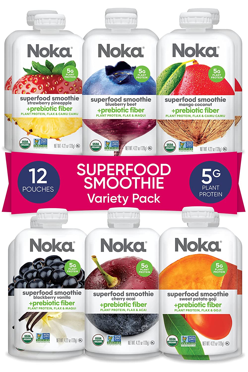 Noka Superfood Smoothie Pouches. Healthy Fruit Squeeze Snack Pack (Pack of 12)