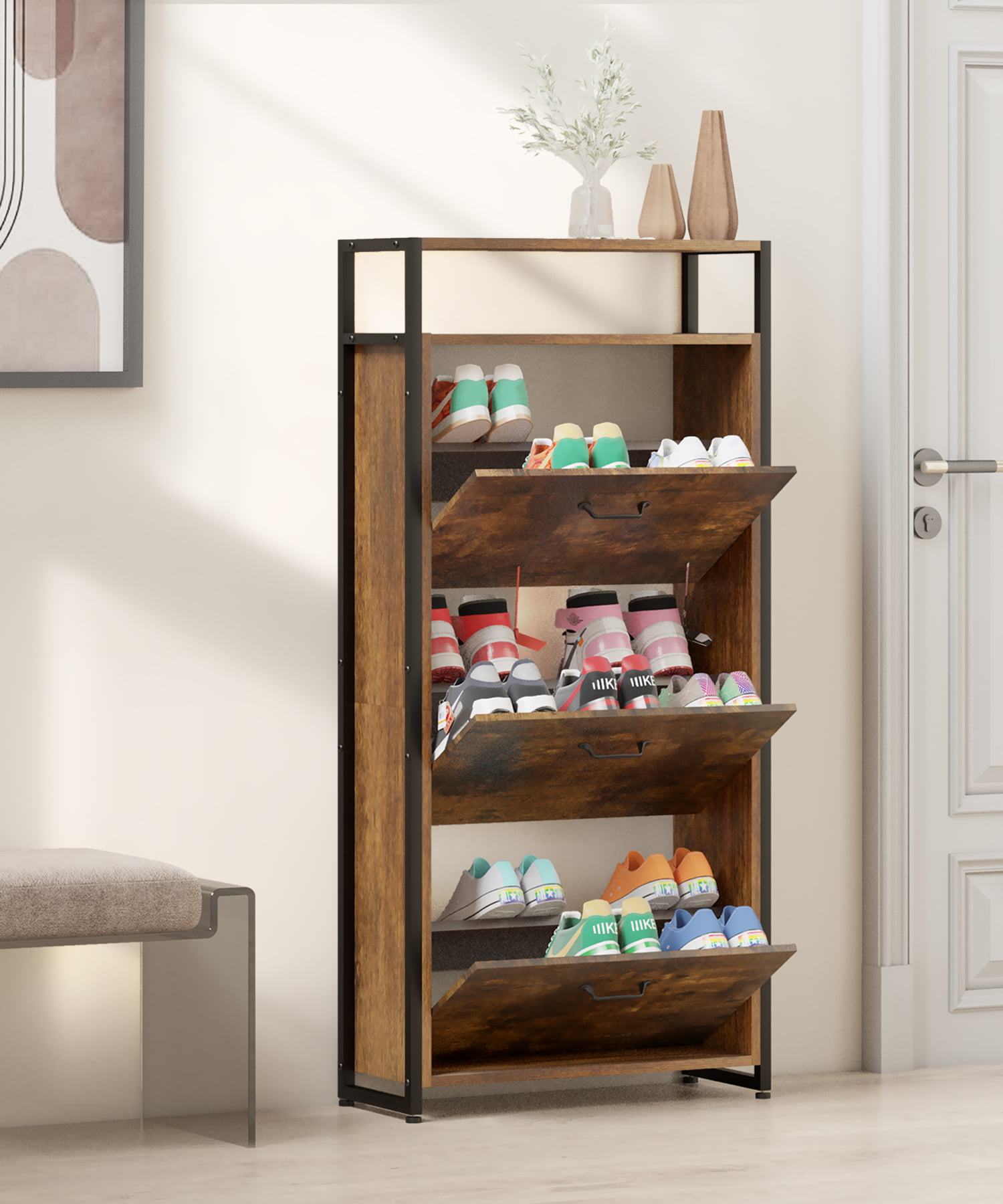 HAIOOU Wooden Shoe Cabinet with 3 Flip Drawers. Freestanding Shoe Rack Storage Organizer for Entryway. 15-18 pairs. Rustic Brown