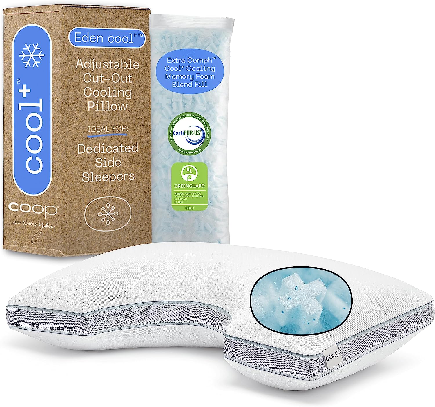 Coop Home Goods Eden Cool+ Cut-Out Pillow. Queen Size Plus Shaped Memory Foam with Cooling Gel. Side Sleeper Pillows for Pain Relief. Adjustable Neck Support for Sleeping. CertiPUR-US/GREENGUARD Gold