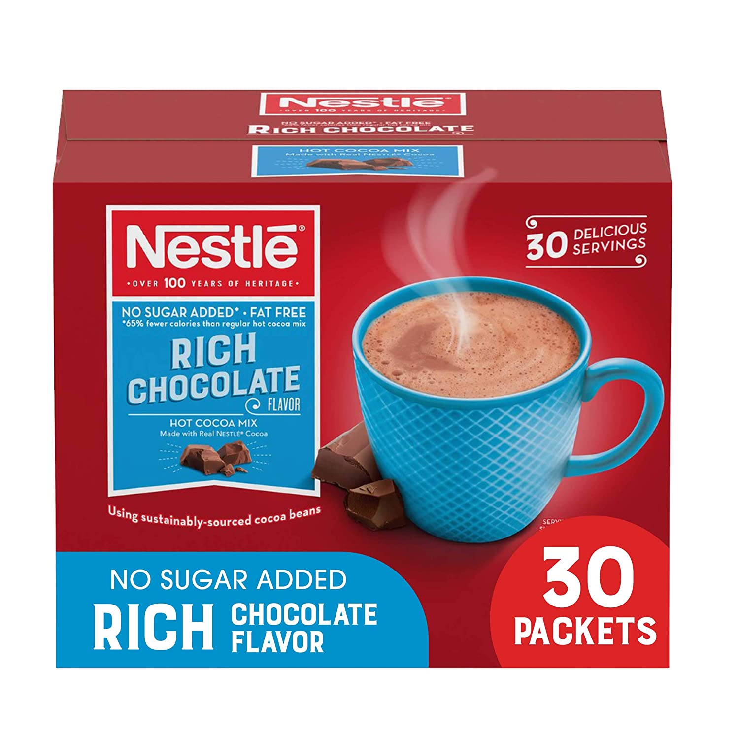 Nestle Hot Cocoa Chocolate Packets. Hot Cocoa Mix. No Sugar Added and Fat Free. 30 Count (0.28 ounce Each)