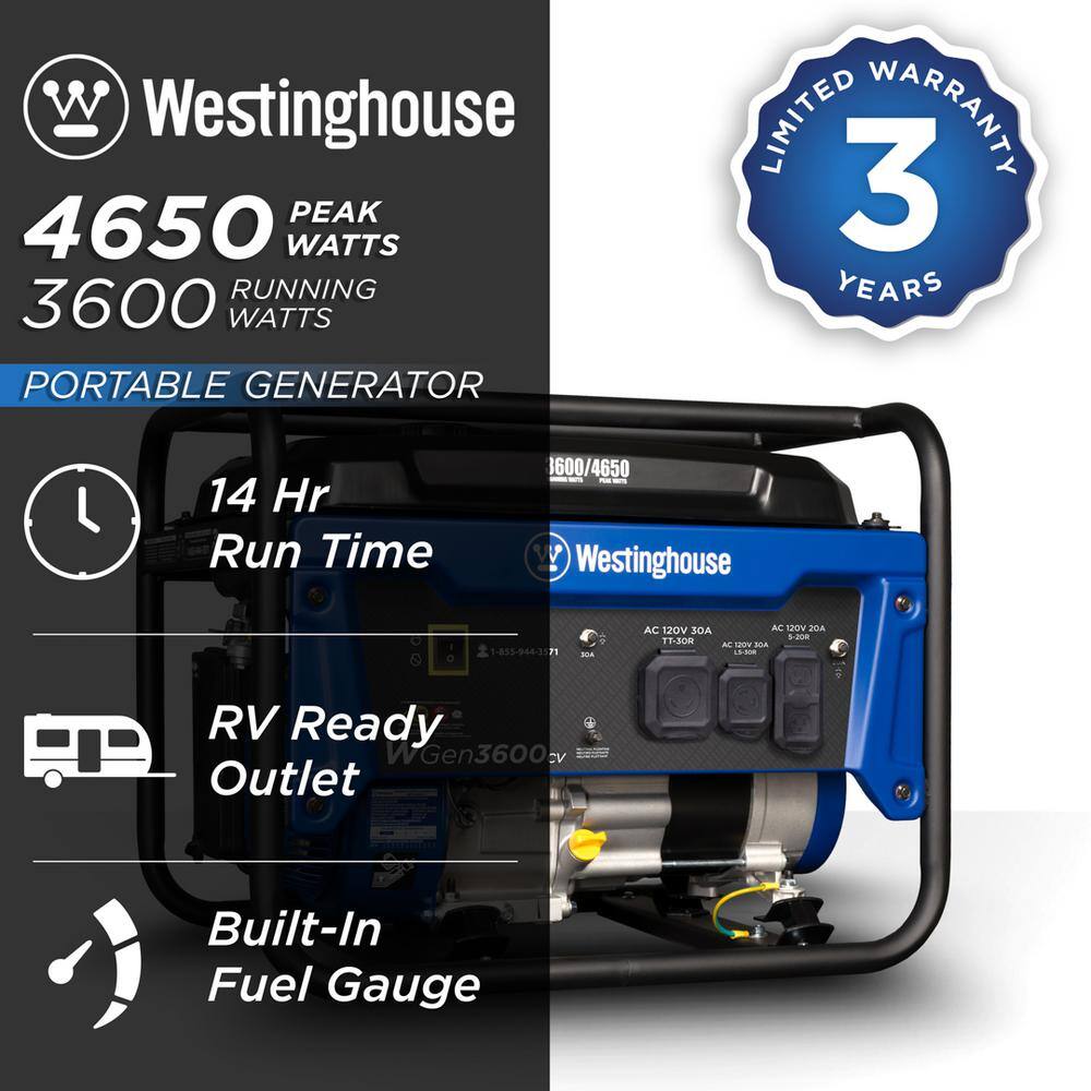Westinghouse WGen3600cv WGen3600cv 4.650/3.600-Watt Gasoline Powered RV-Ready Portable Generator with Recoil Start and CO Sensor