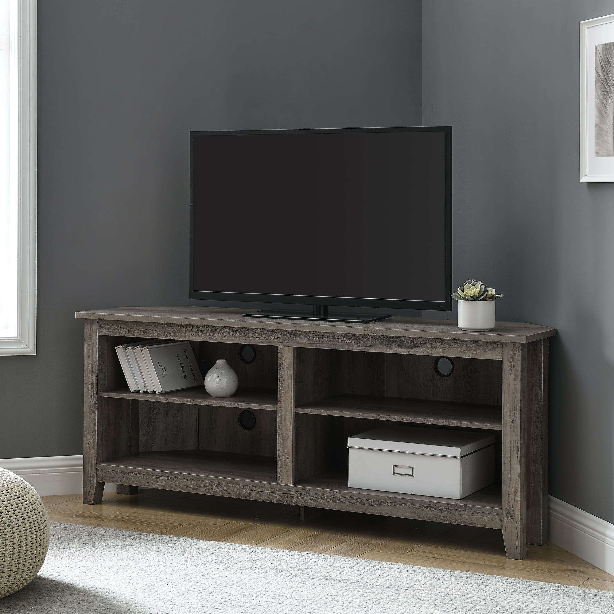 Woven Paths Transitional Corner TV Stand for TVs up to 65″. Grey Wash