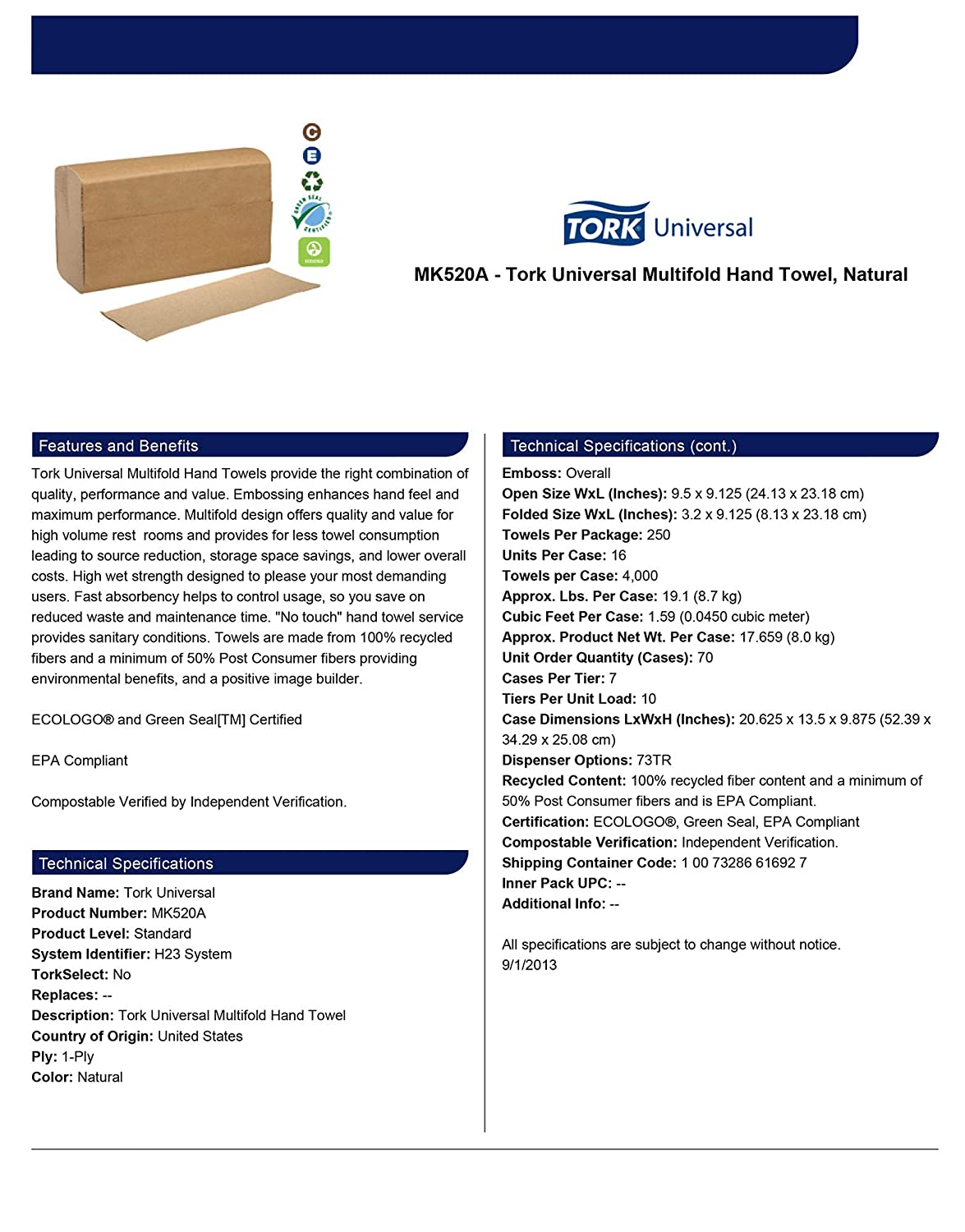 Tork Multifold Hand Towel. Natural. H2. Universal. 250/Pack. 16 Packs