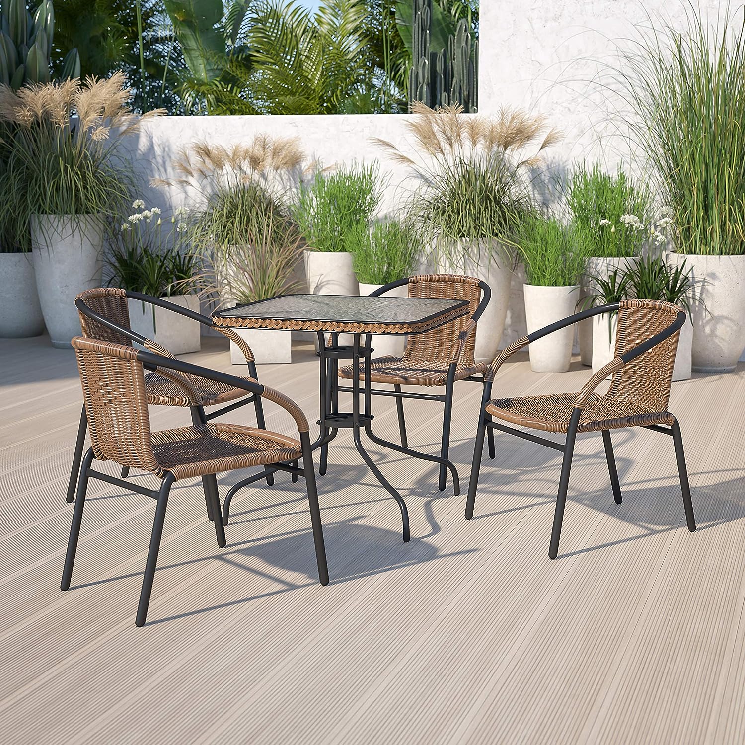 EMMA + OLIVER Patio Wicker Rattan Chair. Set of 4 Round Back Patio Dining Chairs. Stylish Look and Commercial Grade Construction Outdoor Deck Chair with 352 lb Weight Capacity (Medium Brown)