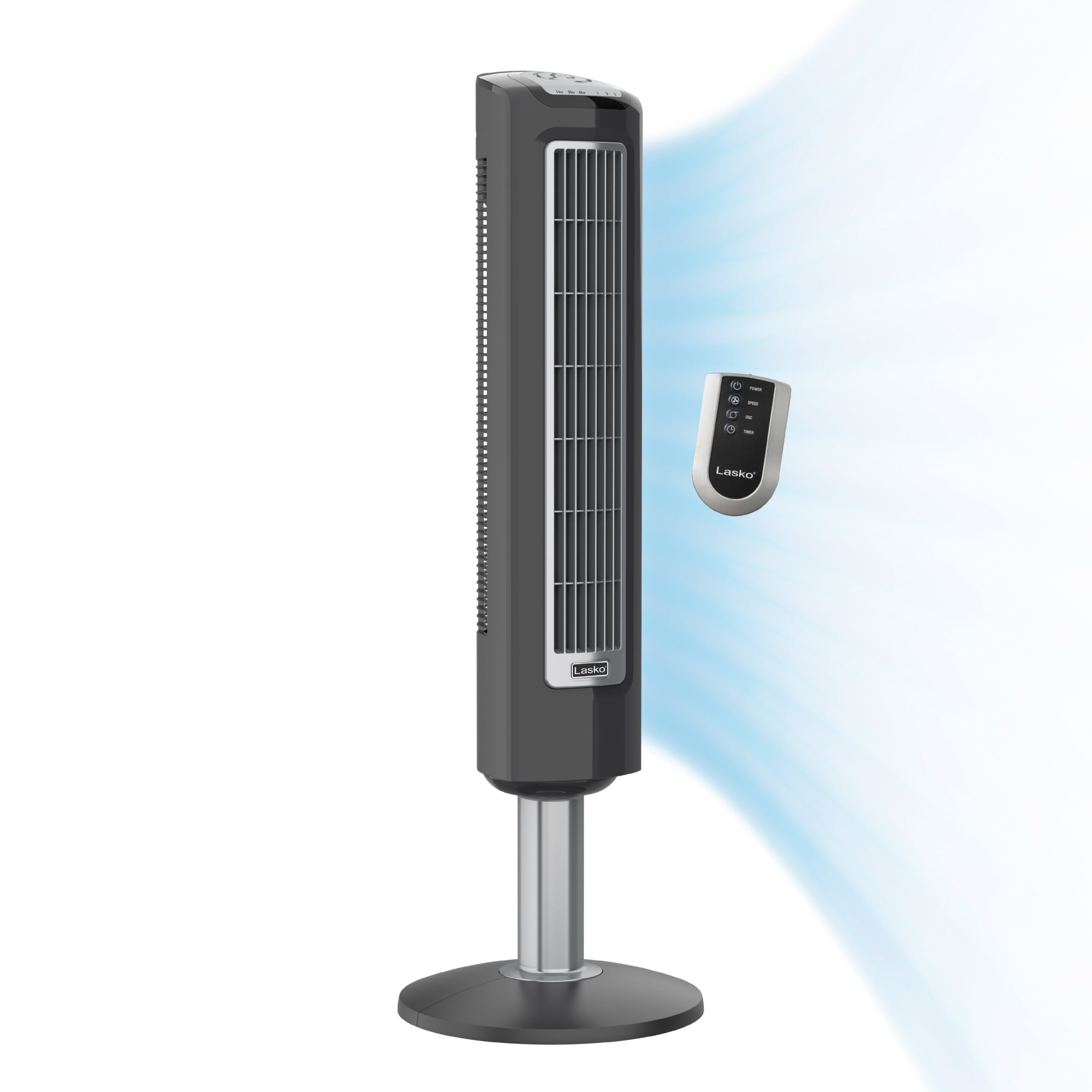 Lasko 38″ Wind Tower 3-Speed Oscillating Tower Fan with Remote and Timer. 2519. Gray