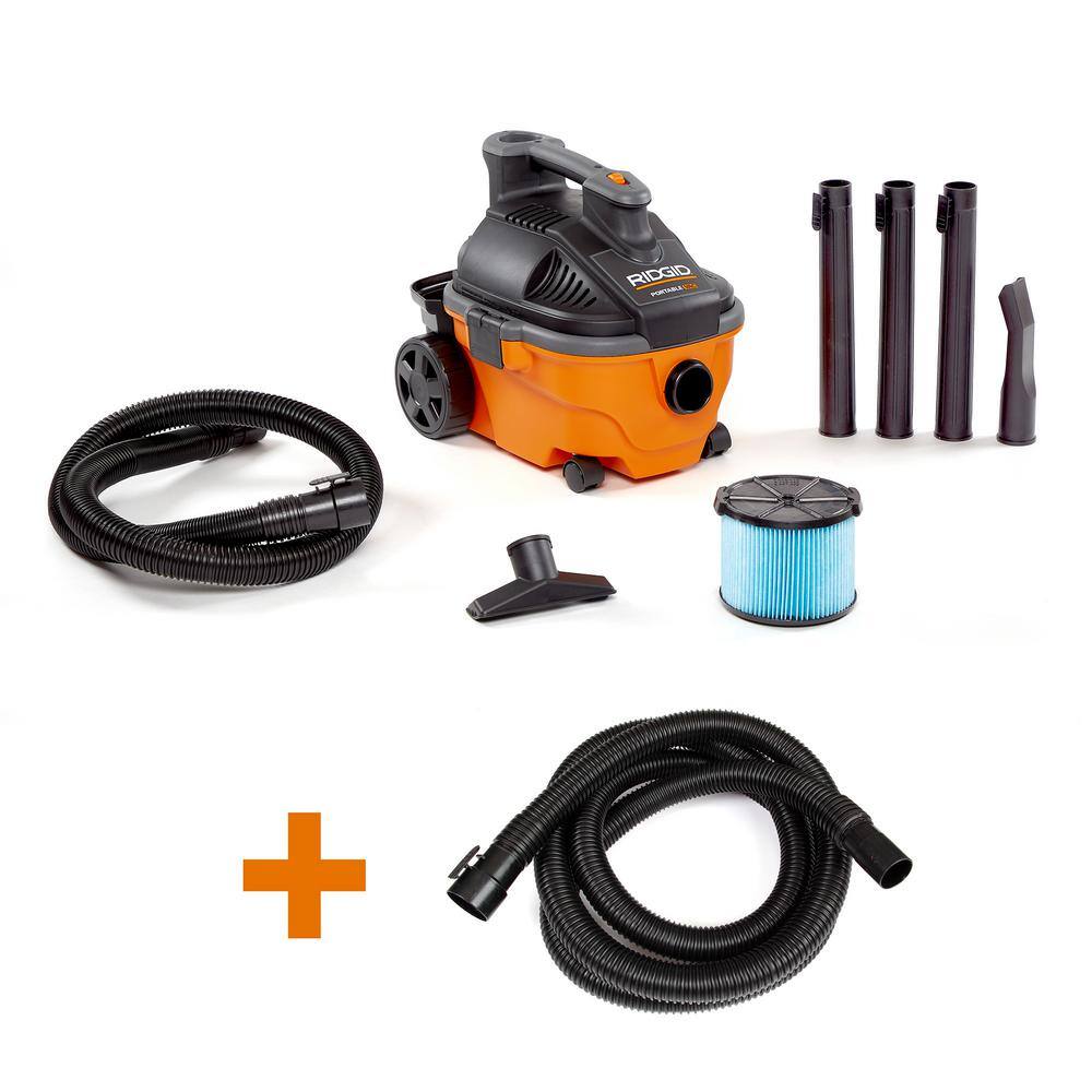RIDGID WD4070B 4 Gallon 5.0 Peak HP Wet/Dry Shop Vacuum with Fine Dust Filter. Hose. Accessories and Additional 14 ft. Tug-A-Long Hose