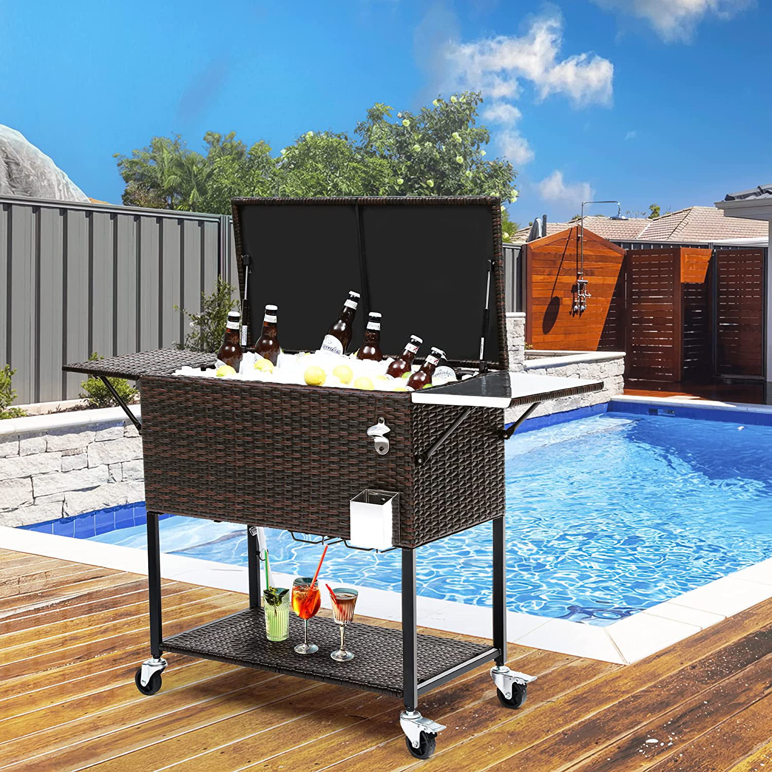 YITAHOME 80 Quart Wicker Rolling Cooler Cart with Bottle Opener Drainage. Portable Patio Cooler Rolling on Wheels. Outdoor Rolling Beverage Cart Drink Cooler for Patio Pool Deck Party Cookouts. Brown