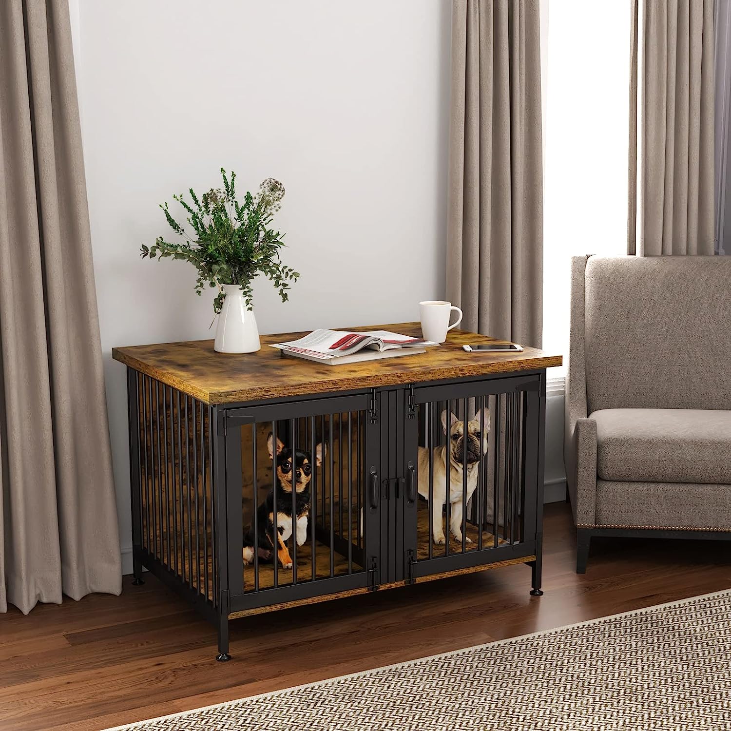 GDLF Double Dog Crate with Divider for 2 Small Dogs or 1 Dog. Furniture Style Kennel Indoor Cage with Removable Panel (Int.dims:36.2Wx24.5Dx21H)