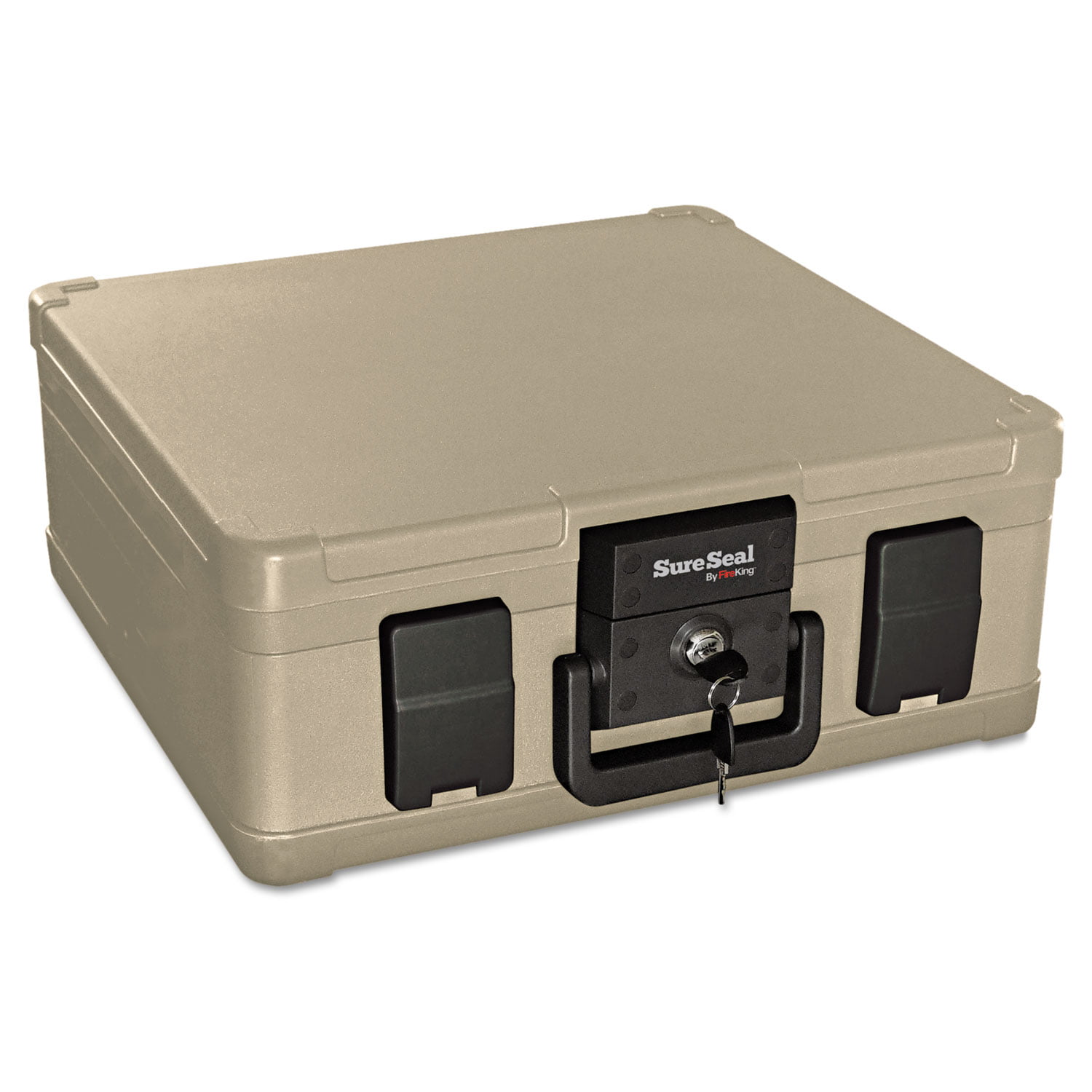 SureSeal by FireKing Fire and Waterproof Chest. 0.27 cu ft. 15.9w x 12.4d x 6.5h. Taupe. Key Lock Safes
