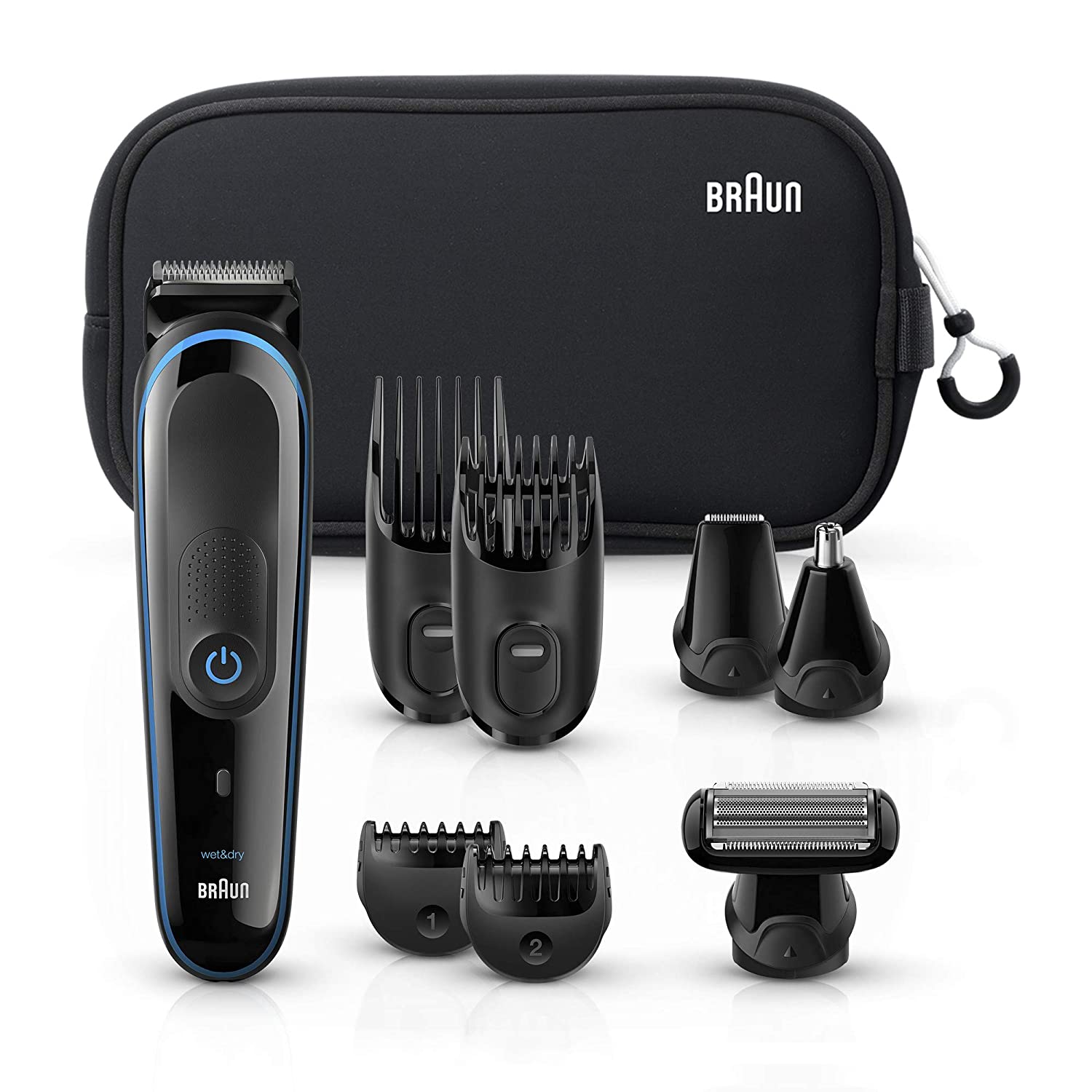 Braun Hair Clippers for Men. 9-in-1 Beard. Ear & Nose Trimmer. Body Grooming Kit. Cordless & Rechargeable with Gillette ProGlide Razor. Black/Blue. 9 Piece Set