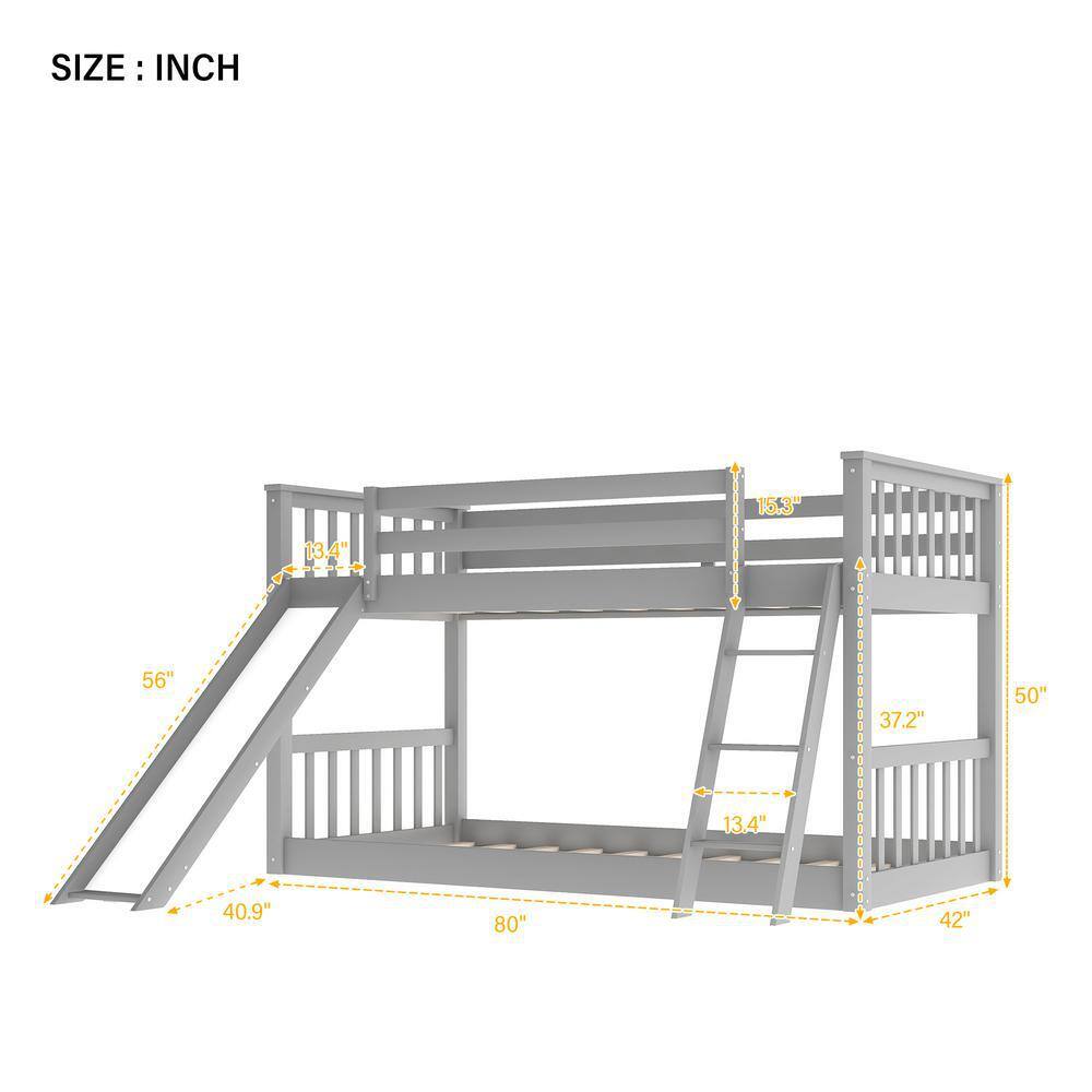 Harper & Bright Designs  Gray Solid Wood Twin Over Twin Bunk Bed with Slide and Ladder
