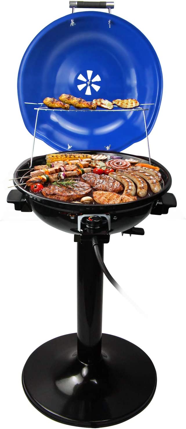 Electric BBQ Grill Techwood 15-Serving Indoor/Outdoor Electric Grill for Indoor & Outdoor Use. Double Layer Design. Portable Removable Stand Grill. 1600W (Stand Blue BBQ Grills)