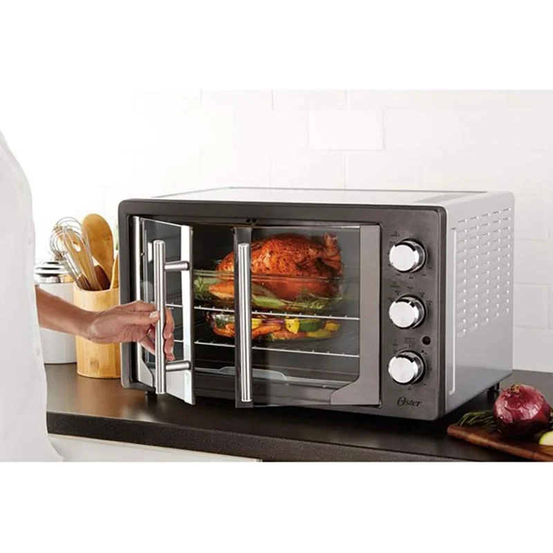Oster 31160840 Extra Large Single Door Pull French Door Turbo Convection Toaster Oven with 2 Removable Baking Racks. Metallic and Charcoal