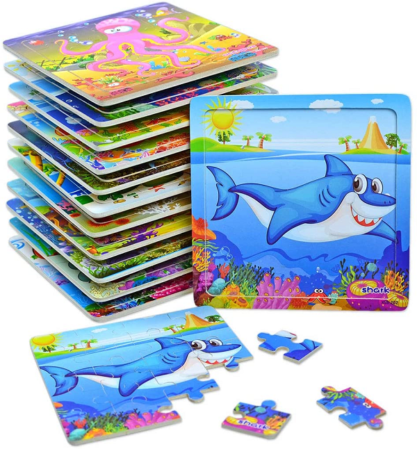 12Pack Easy Wooden Jigsaw Puzzles for Kids Age 4-8 Years Old. Sea Animals Small
