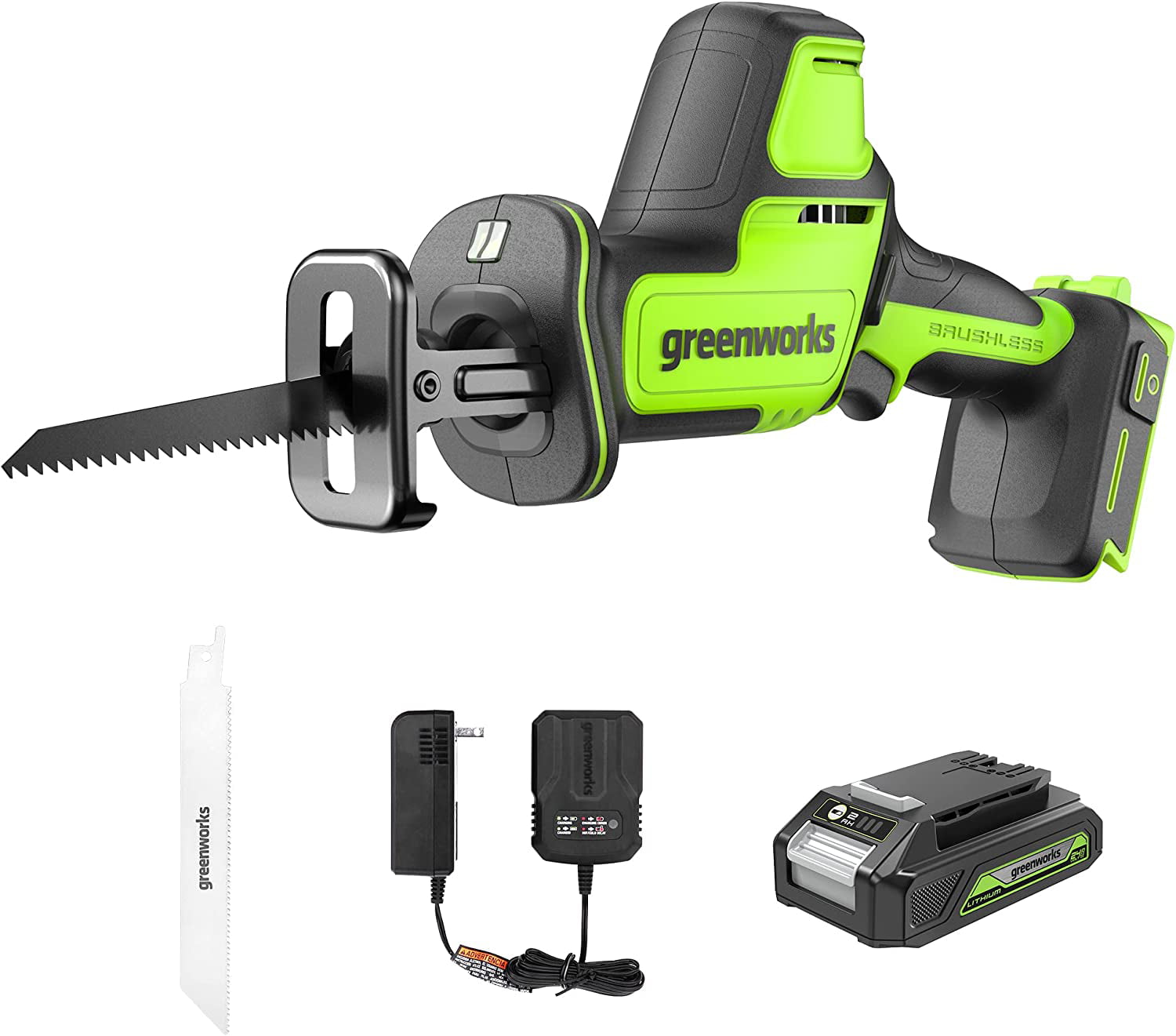 Greenworks 24V Brushless 1″ Compact Reciprocating Saw Kit. Cordless Powered Variable Speed Saw. 2 Ah Battery and Charger