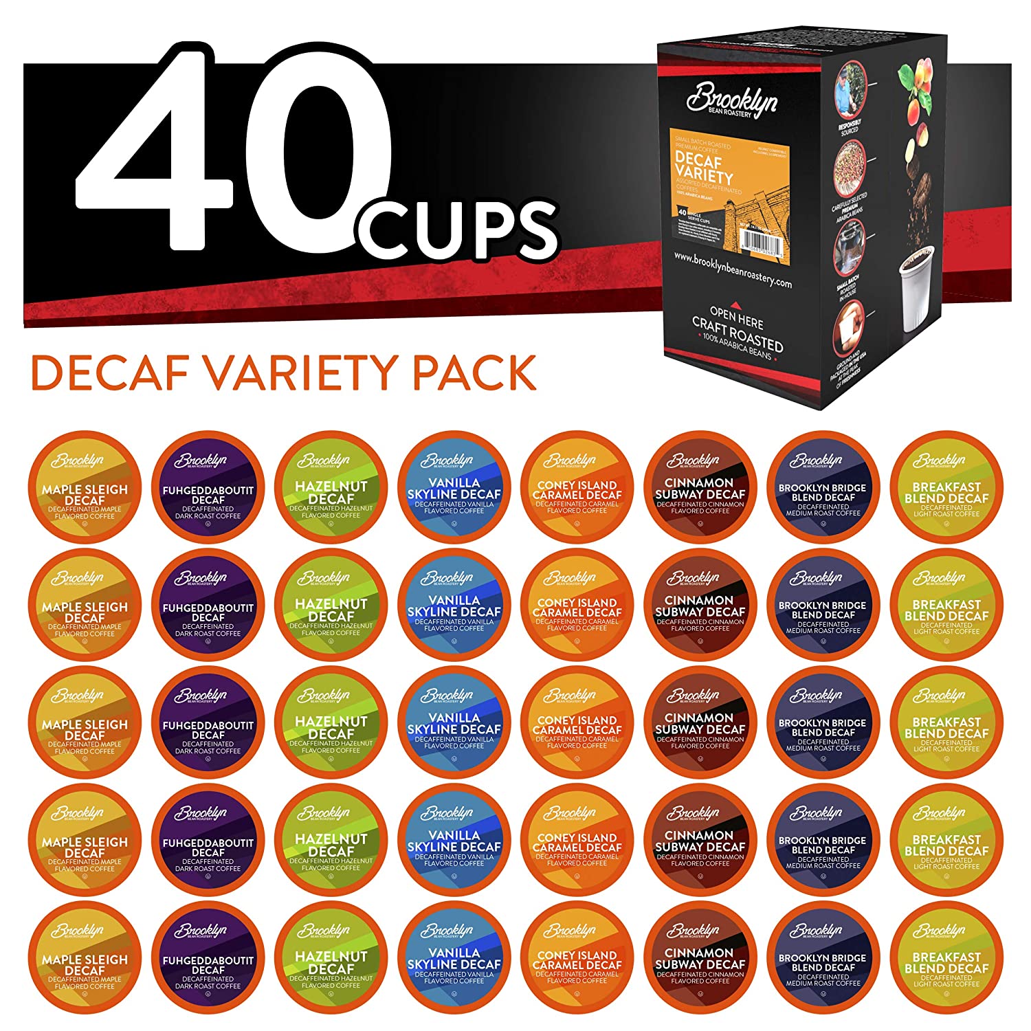 Brooklyn Beans Coffee for Keurig Coffee Pods. Assorted Decaf Variety Pack. Compatible with 2.0 Keurig Coffee Pods K Cup Brewers. 40 Count