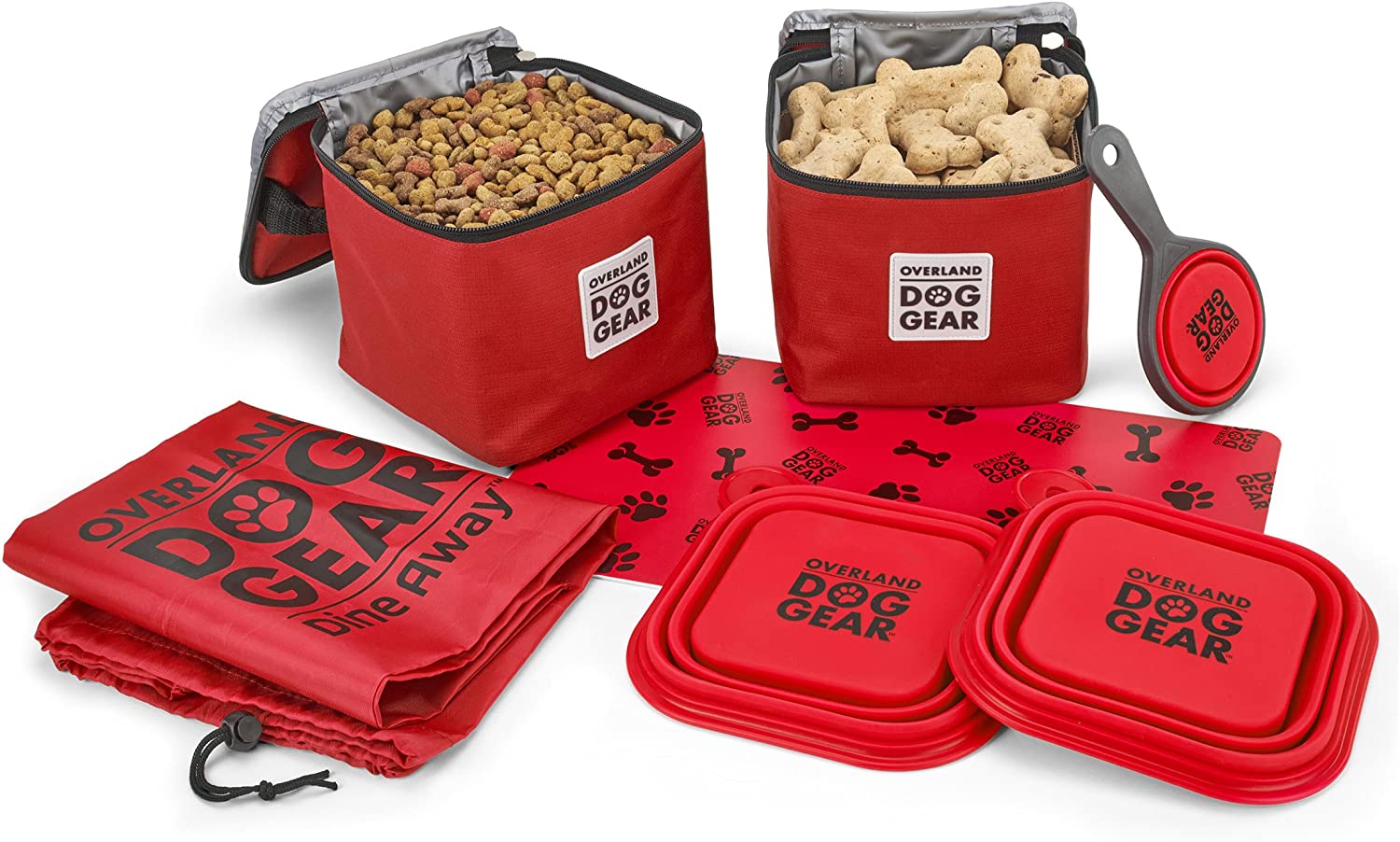 Mobile Dog Gear. Dine Away Dog Travel Bag for Medium and Large Dogs. Includes Lined Food Carriers and 2 Collapsible Dog Bowl. Collapsible Scooper and Placemat. Red