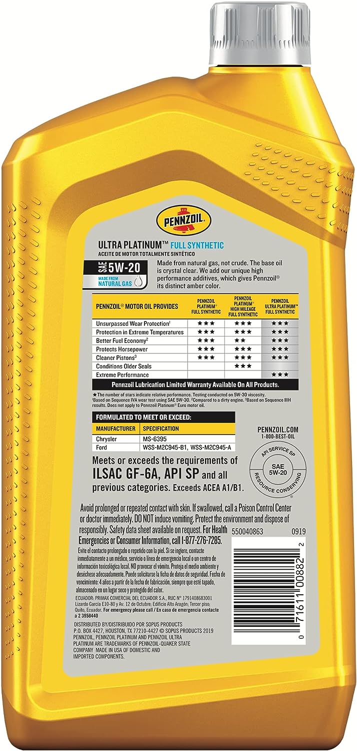 Pennzoil Ultra Platinum Full Synthetic 5W-20 Motor Oil (1-Quart. Case of 6)