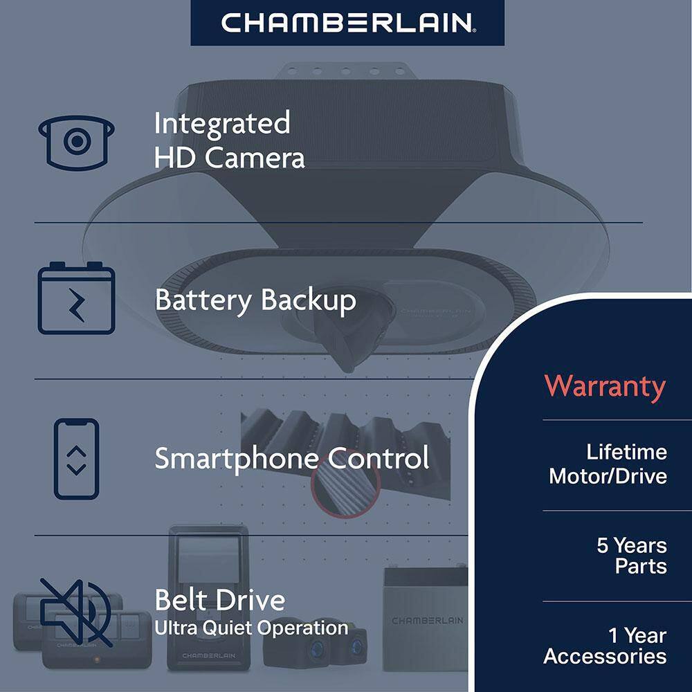 Chamberlain B6753T 1-1/4 HP LED Video Quiet Belt Drive Garage Door Opener with Integrated Camera & Battery Backup