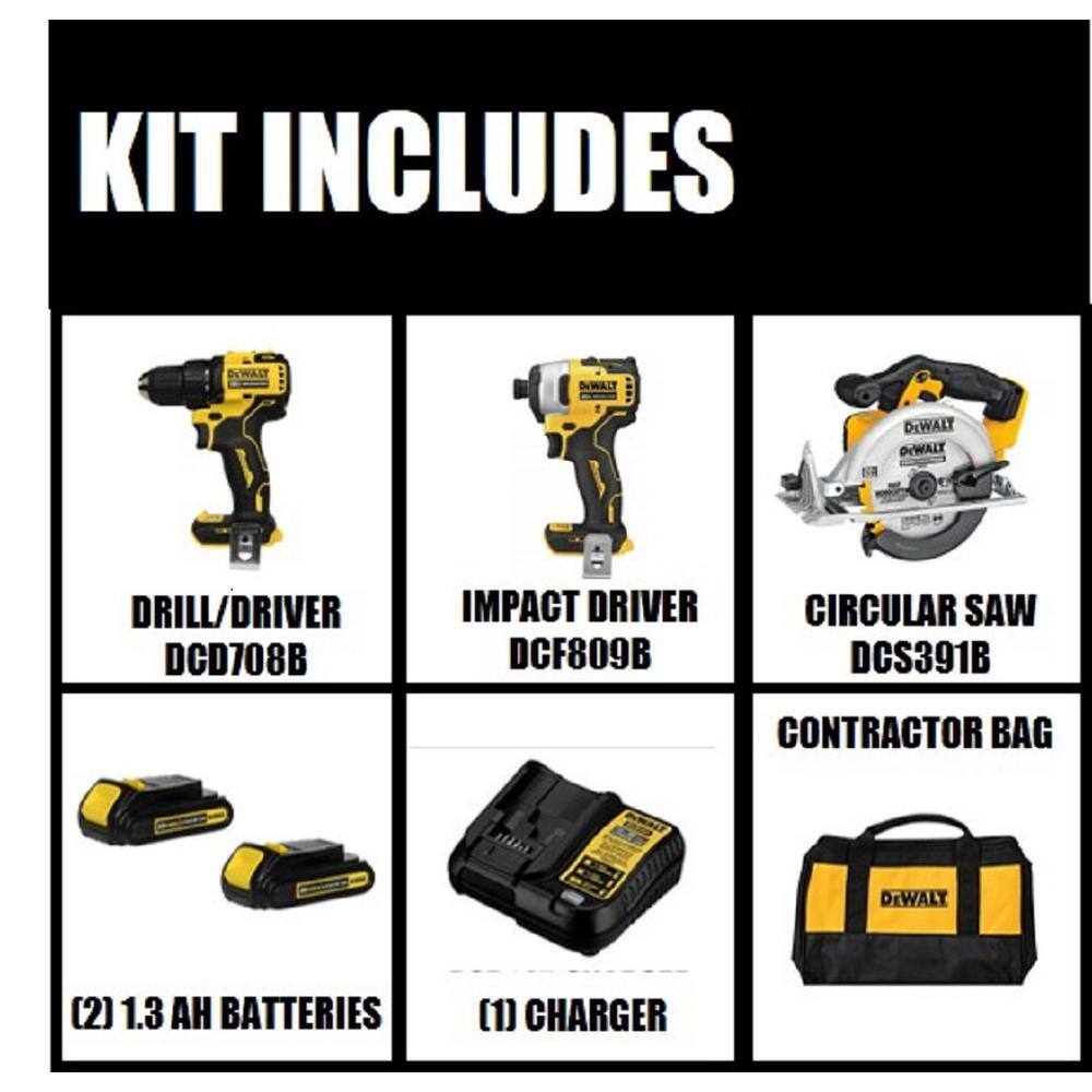 DEWALT DCK278C2W391B ATOMIC 20V MAX Brushless Cordless Compact Drill/Impact 2 Tool Combo Kit. 6.5 in. Circular Saw. (2) 1.3Ah Batteries